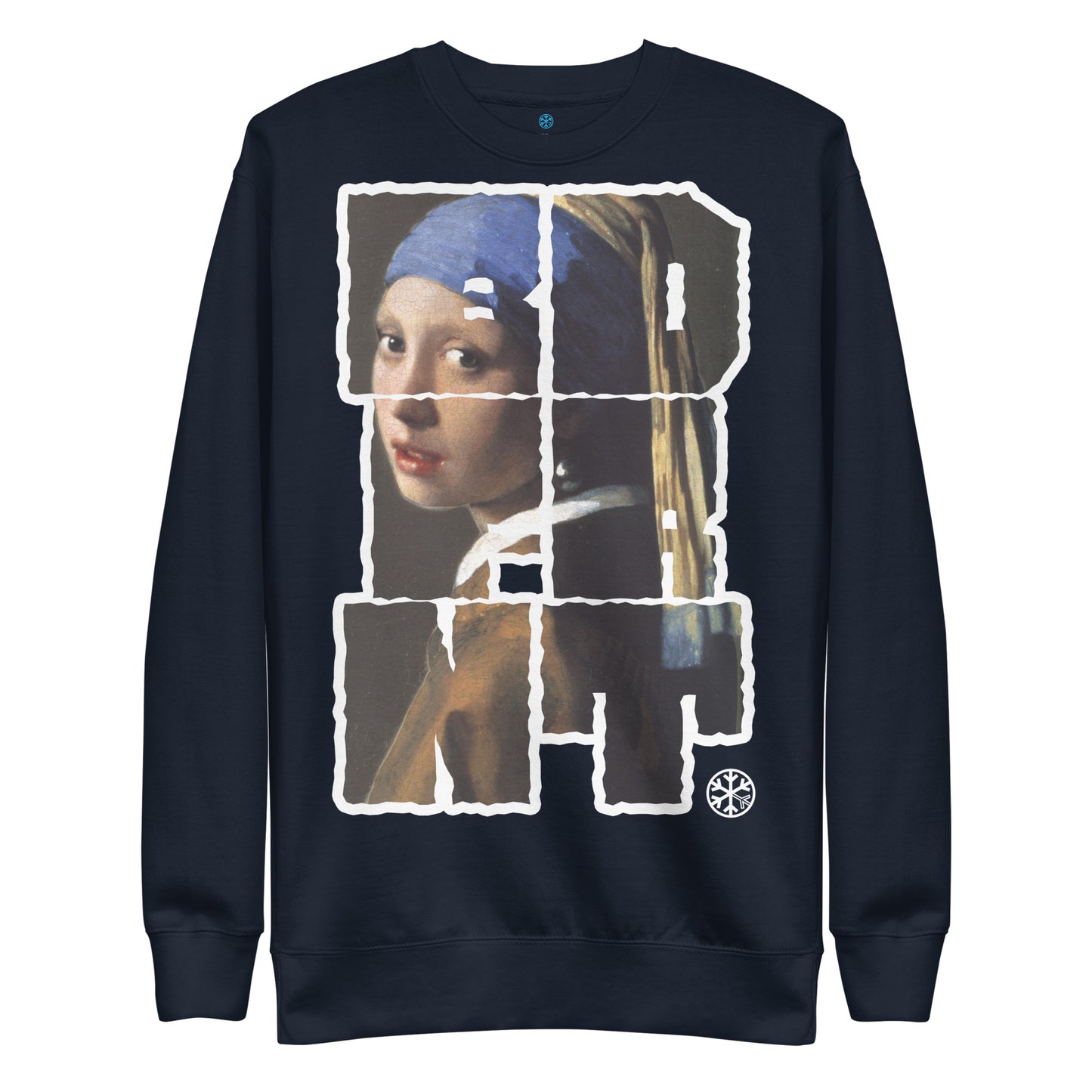 Navy-BDFRNT Throwie x Girl With Pearl Earring Graffiti Sweatshirt from B.Different Clothing, front view, graffiti-inspired streetwear