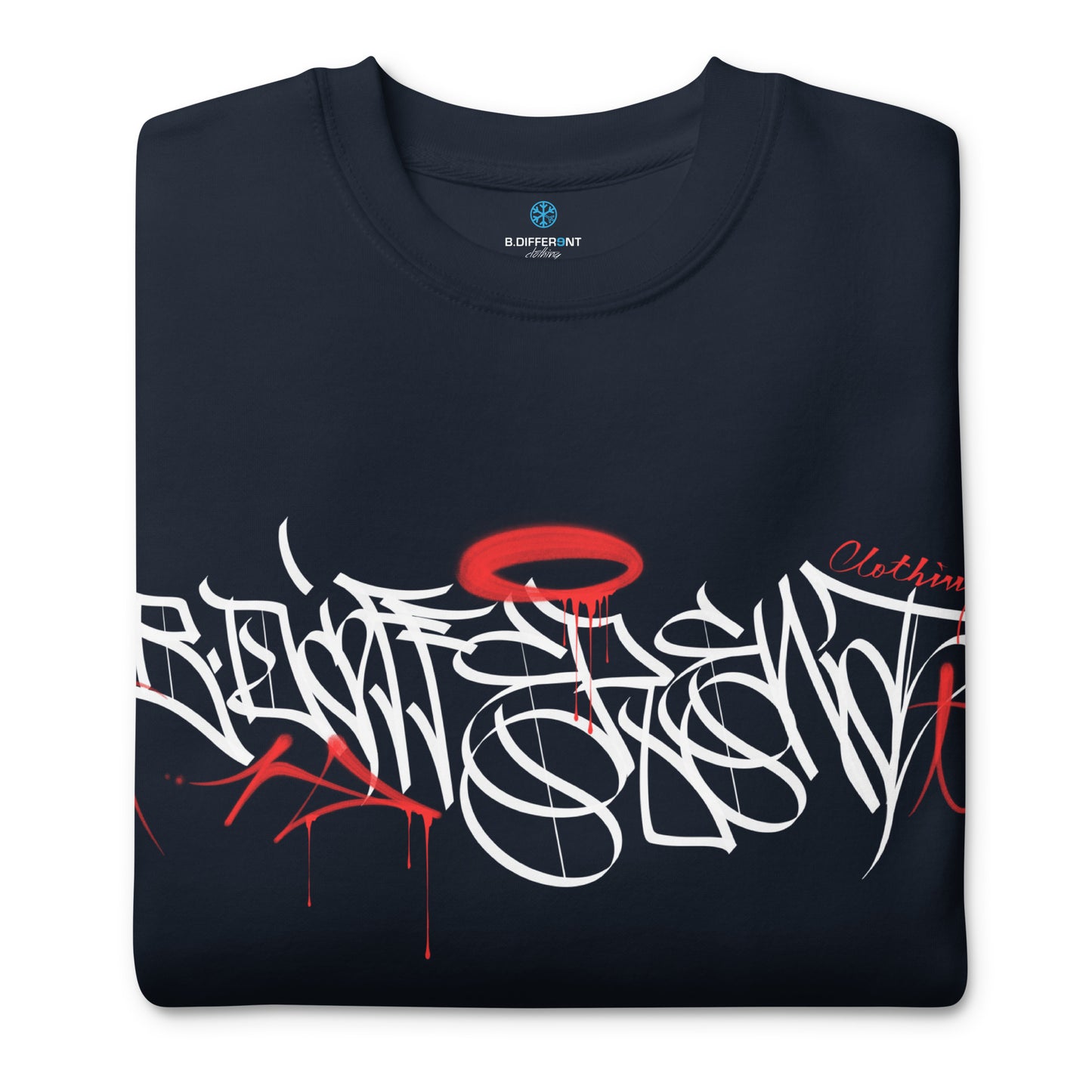 Navy-Caos One Collab Graffiti Sweatshirt from B.Different Clothing, folded, graffiti-inspired streetwear