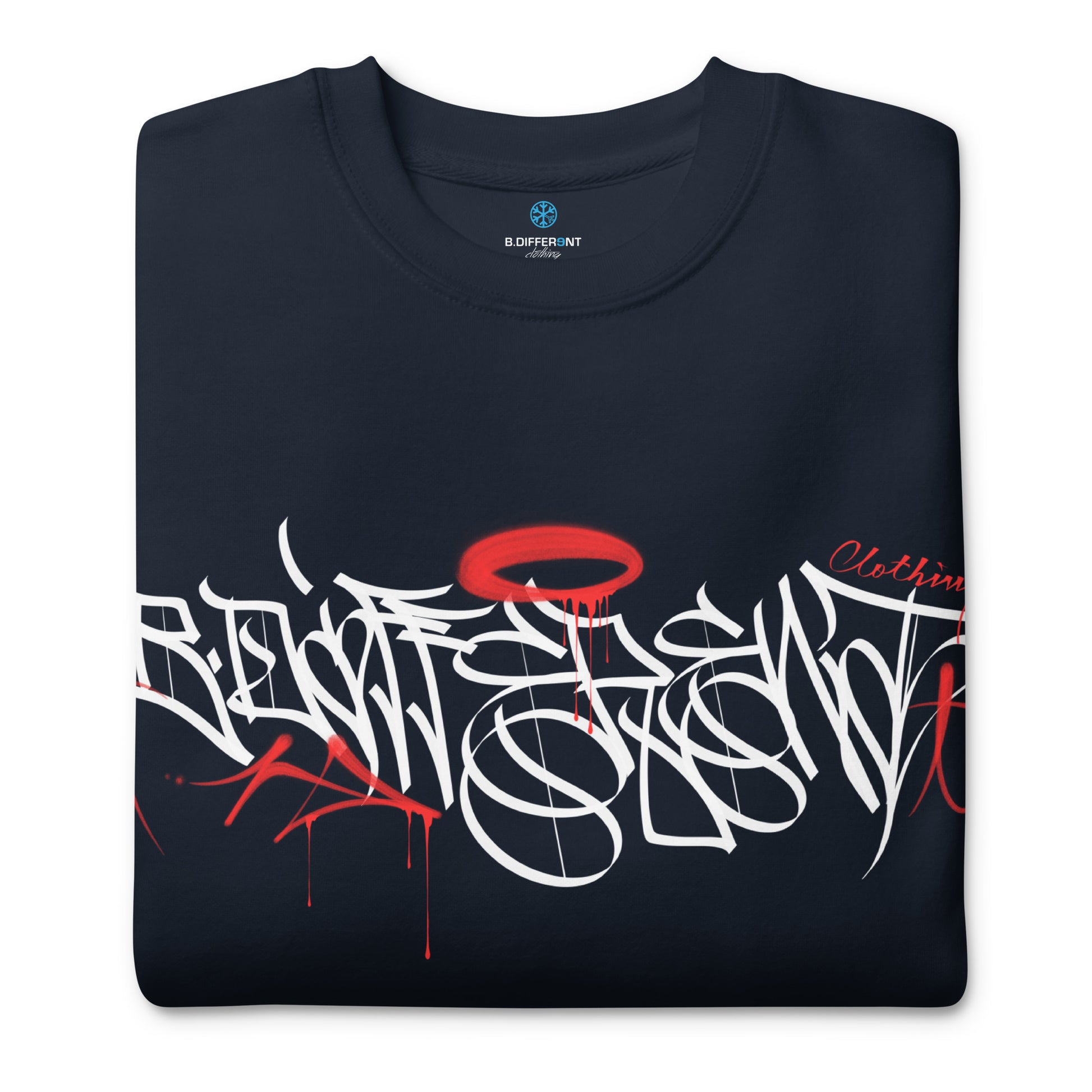 Navy-Caos One Collab Graffiti Sweatshirt from B.Different Clothing, folded, graffiti-inspired streetwear
