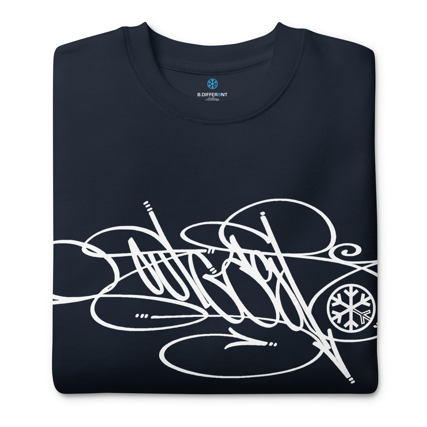 Navy-Outcast Tag Sweatshirt by Graffiti Dad from B.Different Clothing, folded, graffiti-inspired streetwear