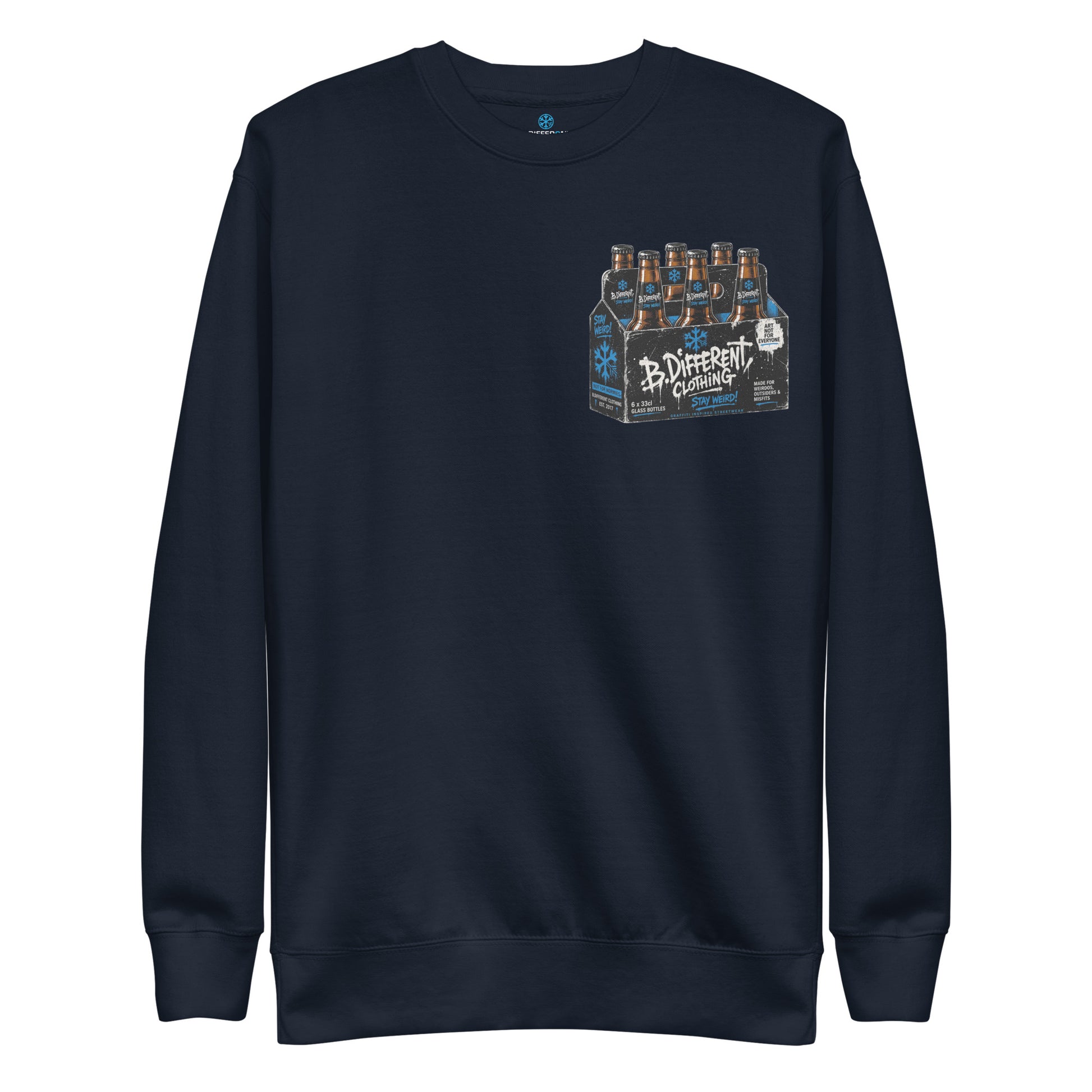 Navy-Six Pack Beer Graffiti Sweatshirt from B.Different Clothing, front view, graffiti-inspired streetwear