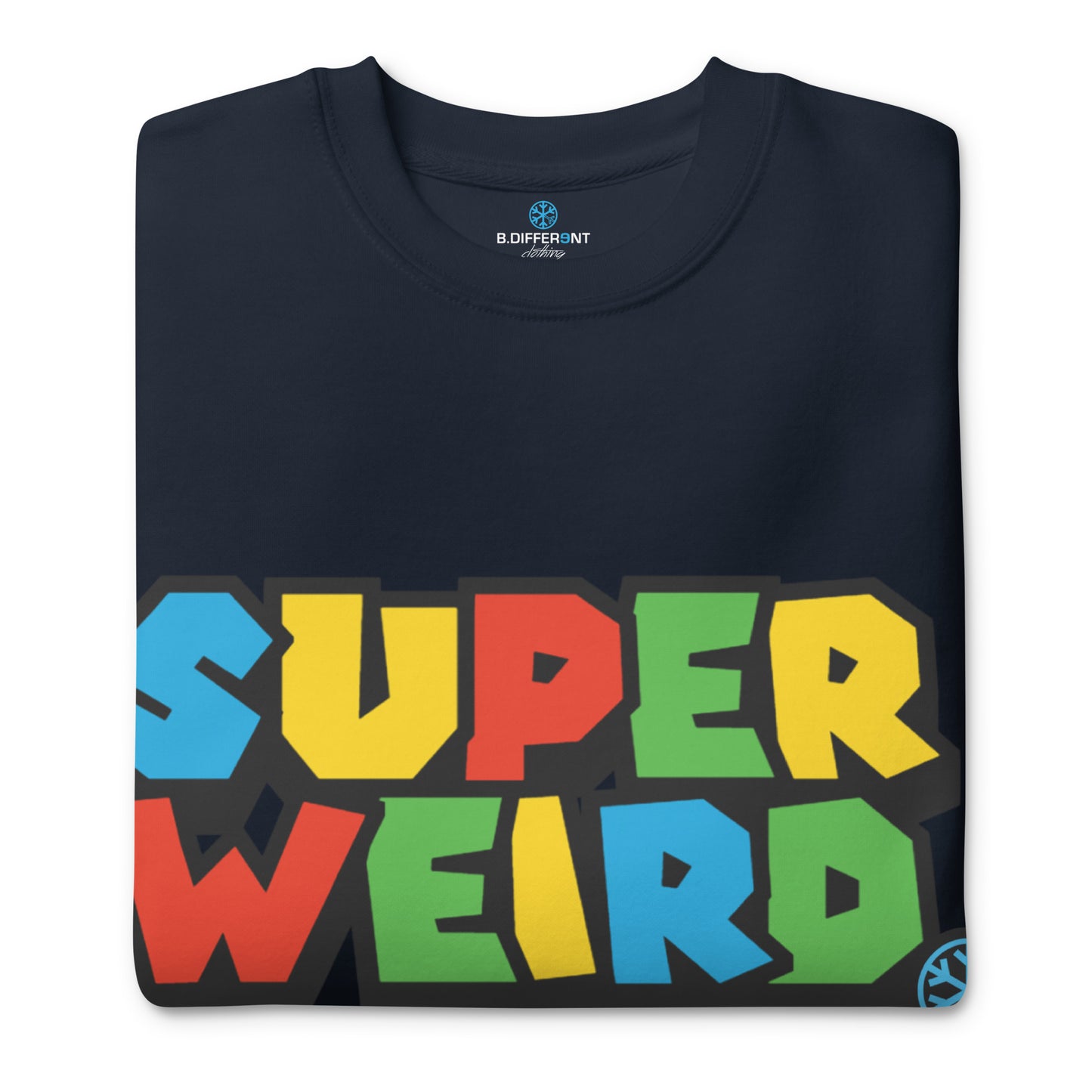 Navy Blazer-Super Weird Bros Sweatshirt from B.Different Clothing, folded, graffiti-inspired streetwear