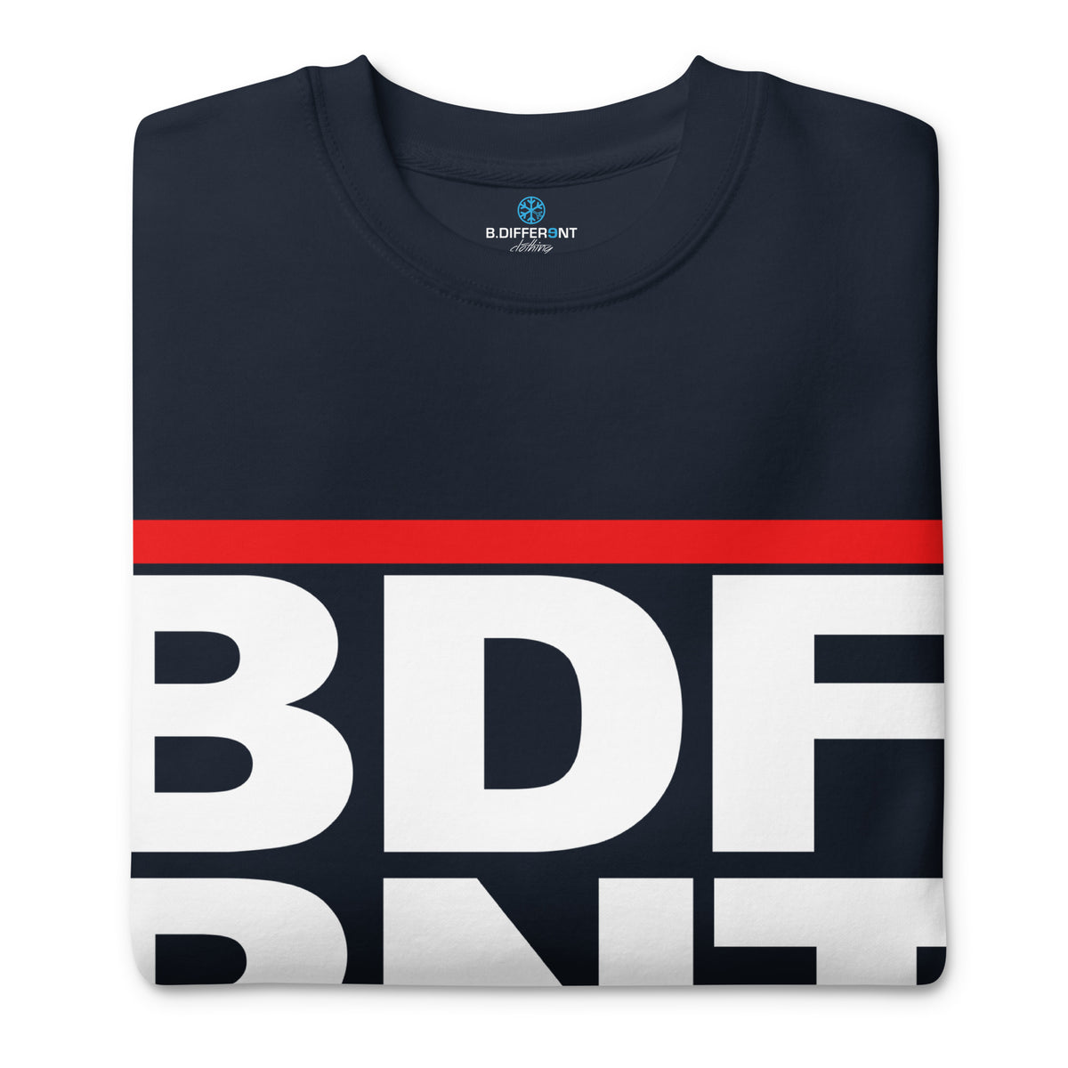 Navy Blazer-BDFRNT OG Logo Sweatshirt from B.Different Clothing, folded, graffiti-inspired streetwear