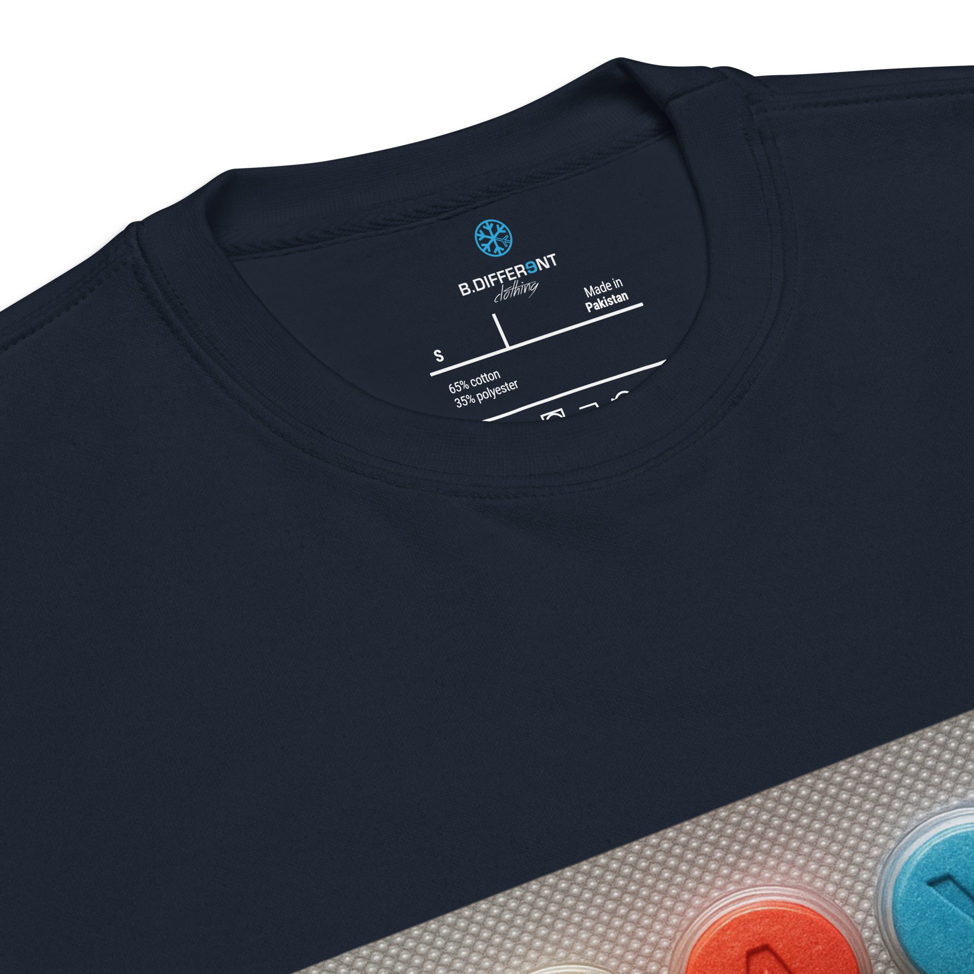 Navy-Stay Weird Pills Sweatshirt from B.Different Clothing, collar, graffiti-inspired streetwear