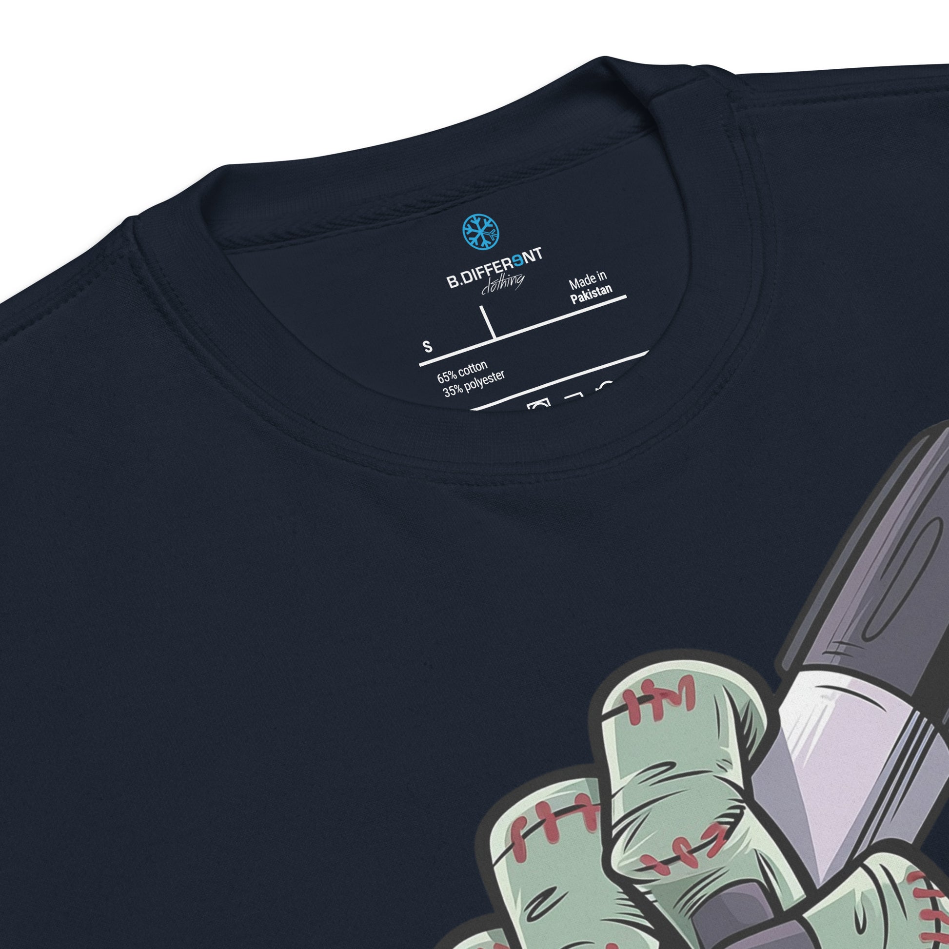 Navy-Thing Graffiti Sweatshirt from B.Different Clothing, collar, graffiti-inspired streetwear