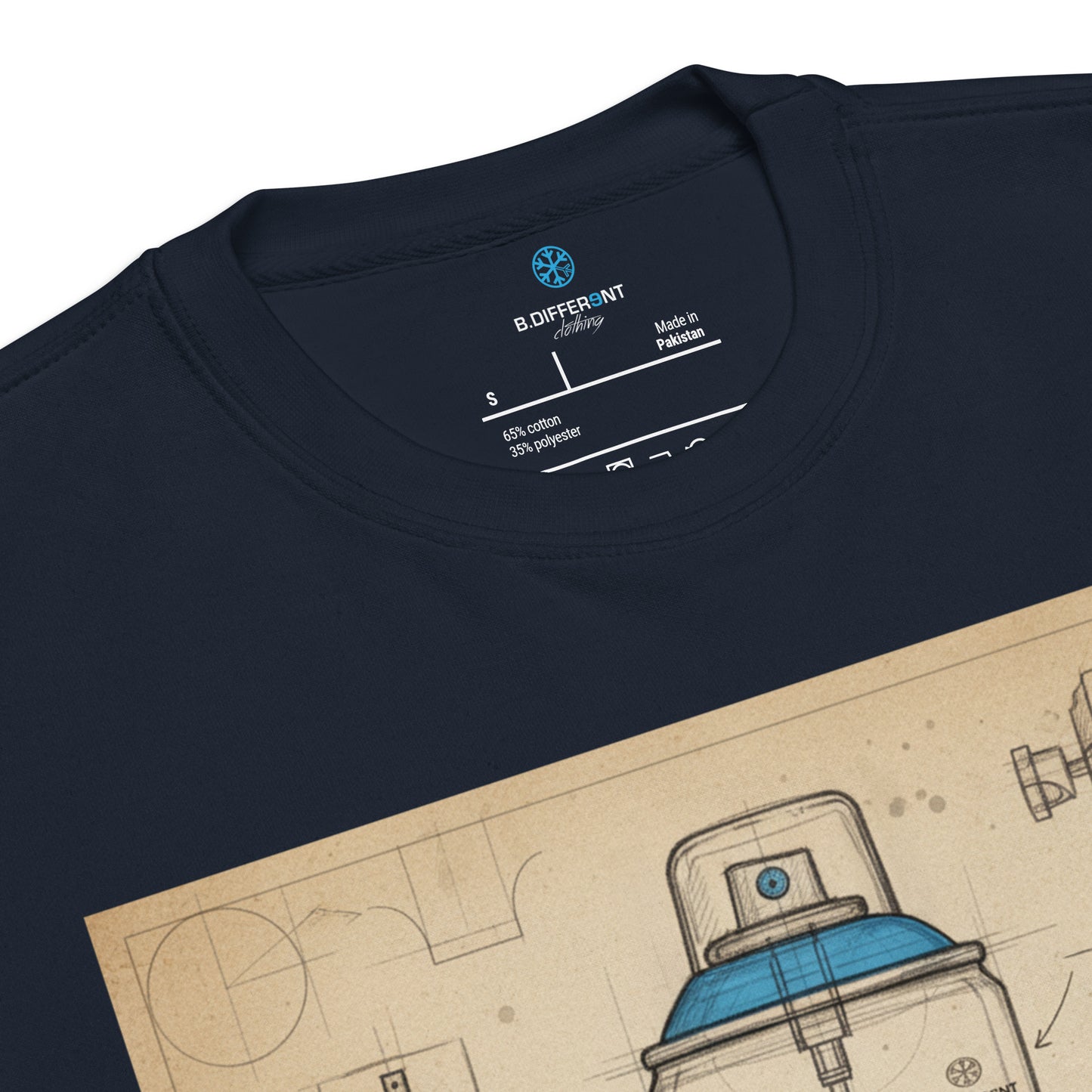 Navy-Spray Can Sketch Graffiti Sweatshirt from B.Different Clothing, collar, graffiti-inspired streetwear