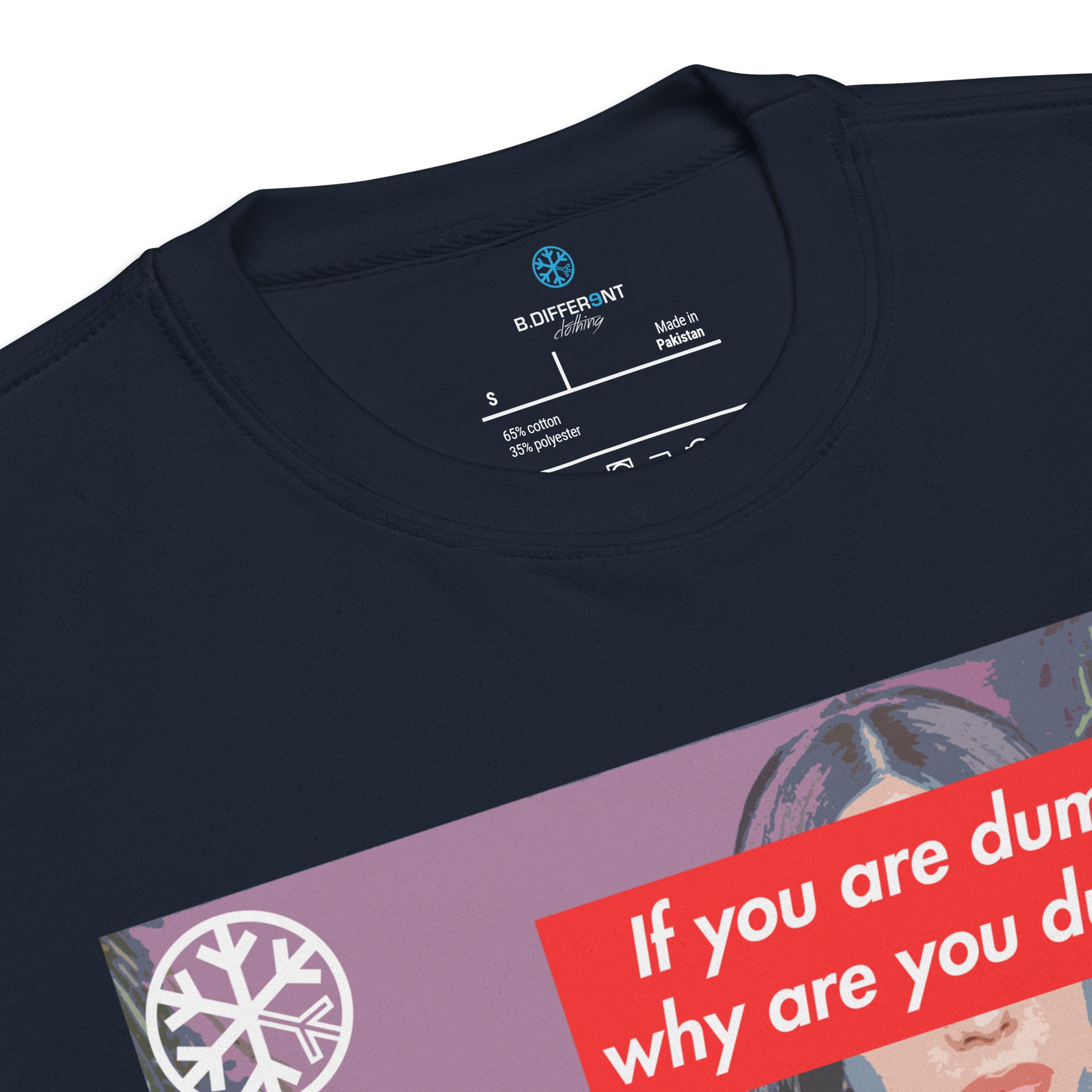 Navy-Why Are You Dumb Sweatshirt from B.Different Clothing, collar, graffiti-inspired streetwear