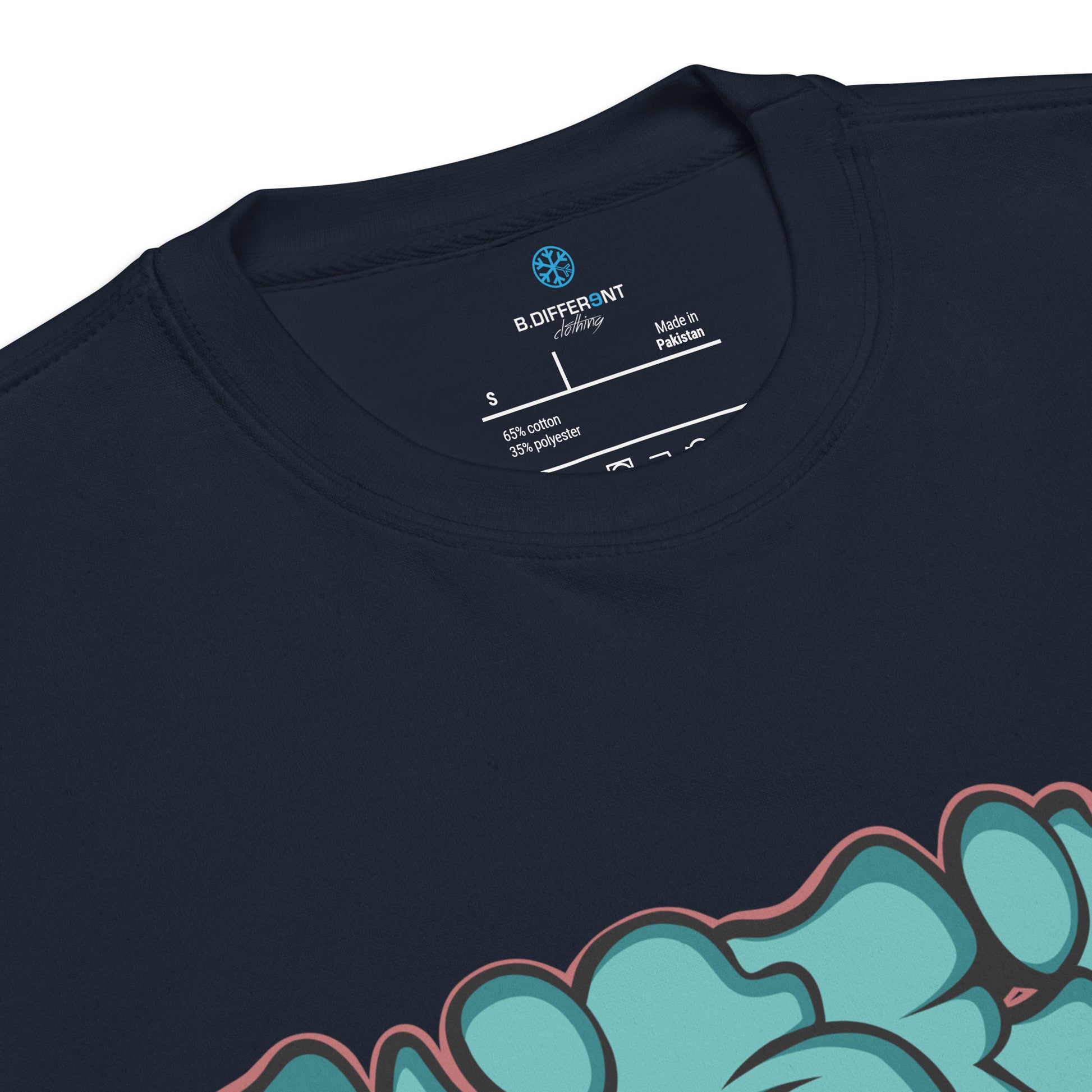 Navy-Misfit Graffiti Throwie Sweatshirt from B.Different Clothing, collar, graffiti-inspired streetwear t-shirt