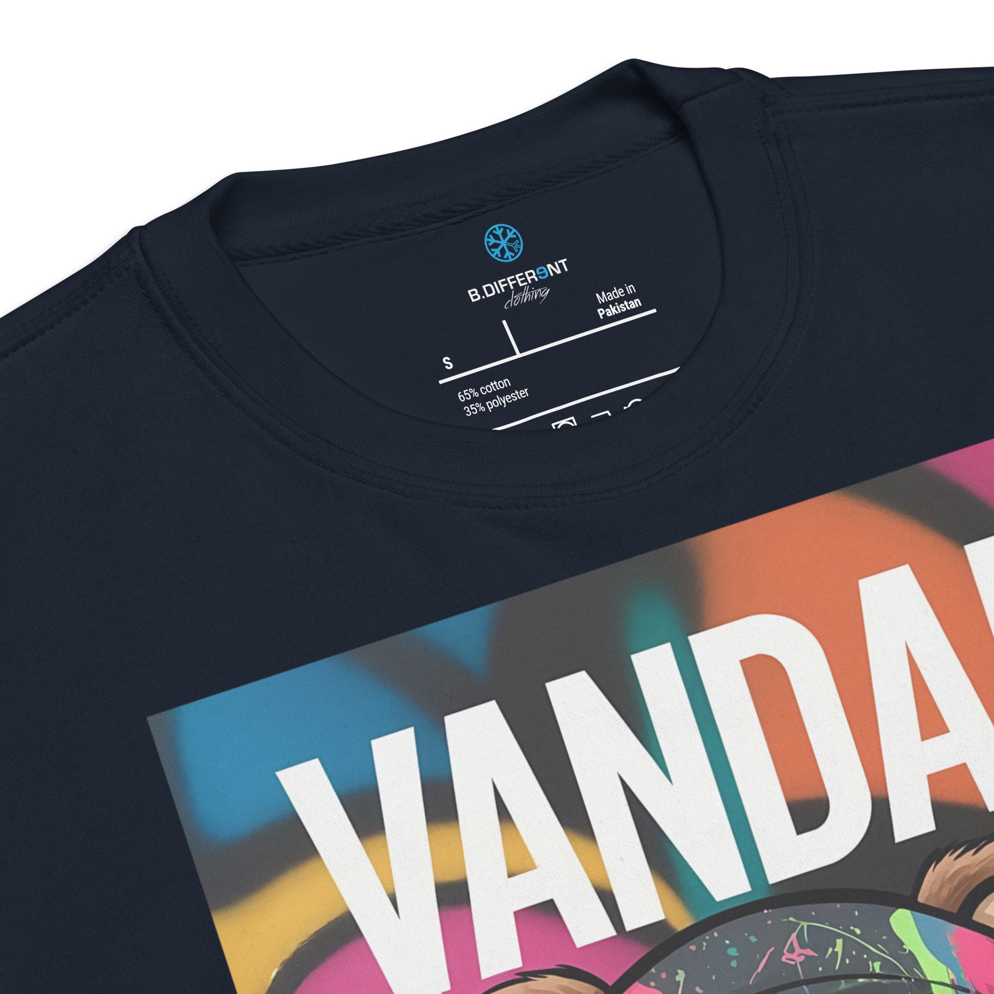 Navy-Vandal Teddy Bear Graffiti Sweatshirt from B.Different Clothing, collar, graffiti-inspired streetwear