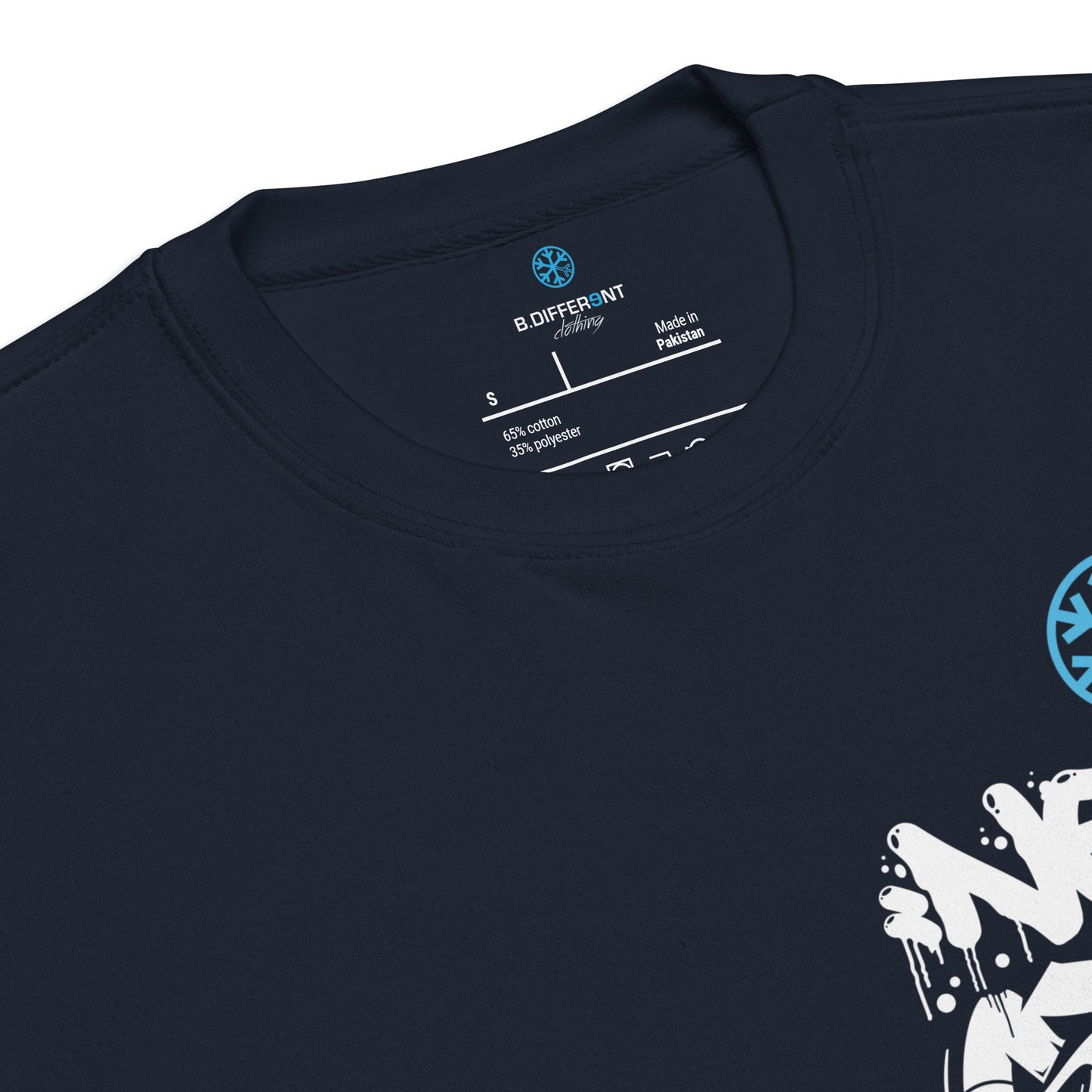 Navy-Never Stop Graffiti Character Sweatshirt from B.Different Clothing, collar, graffiti-inspired streetwear