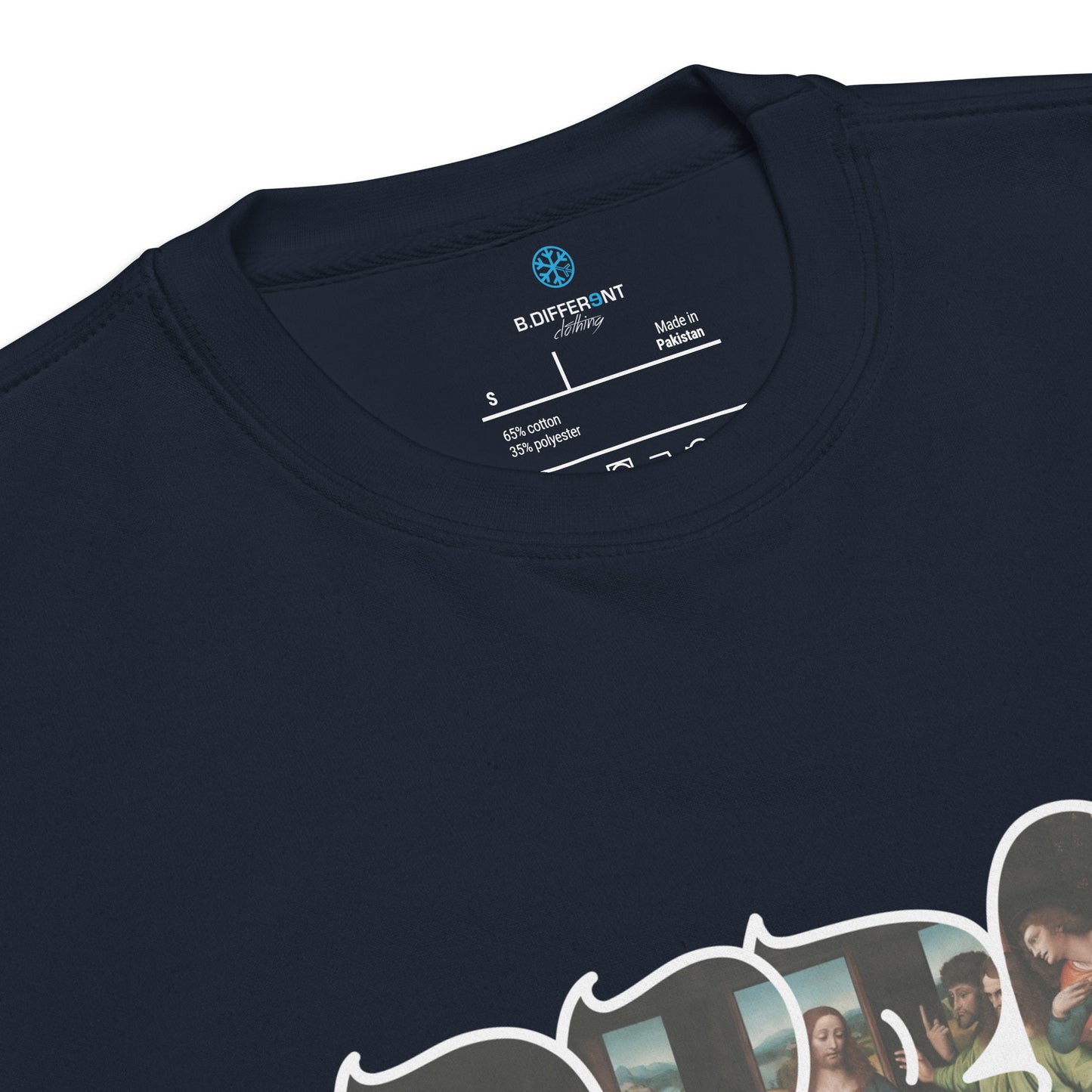 Navy-BDFRNT Throwie x Last Supper Graffiti Sweatshirt from B.Different Clothing, collar, graffiti-inspired streetwear