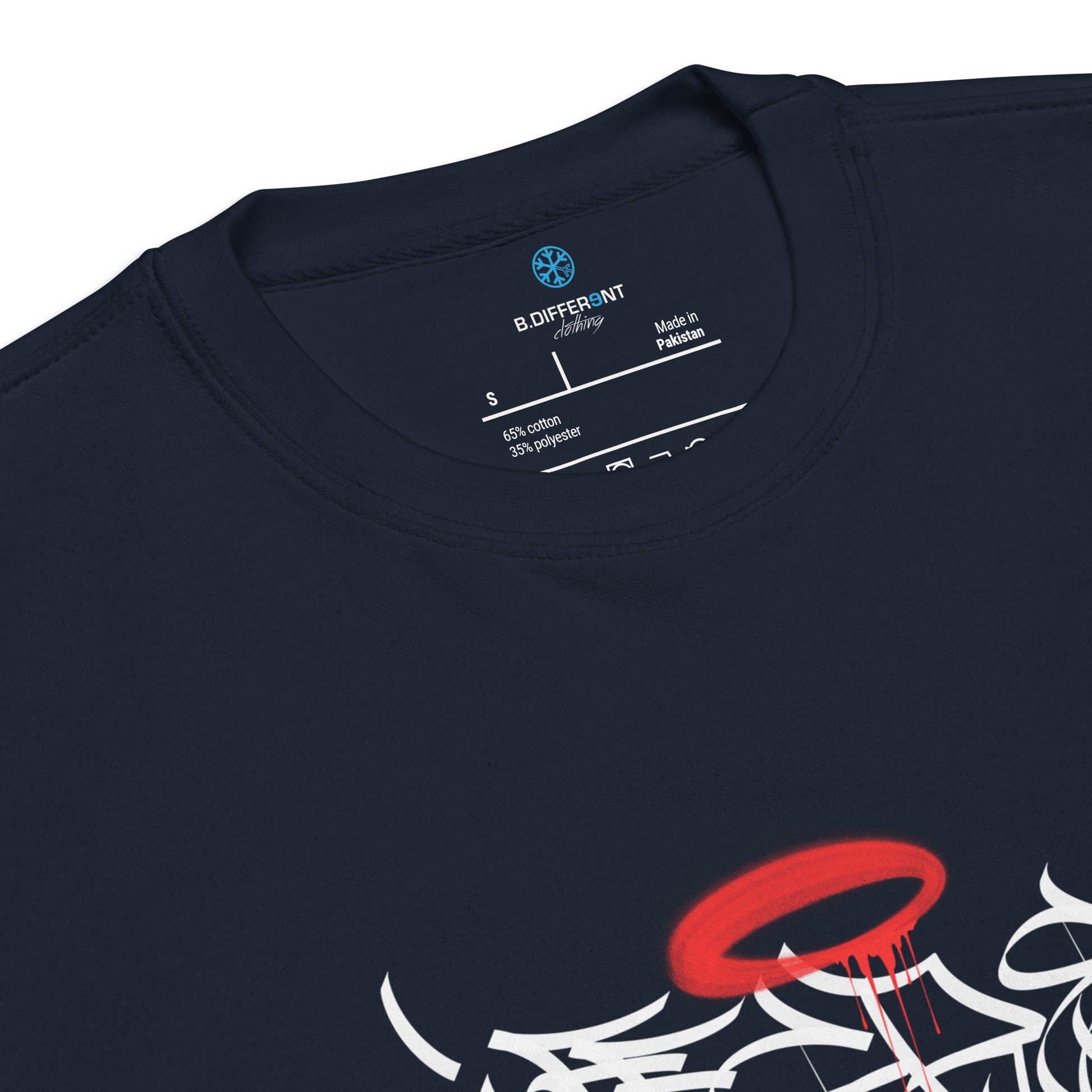 Navy-Caos One Collab Graffiti Sweatshirt from B.Different Clothing, collar, graffiti-inspired streetwear