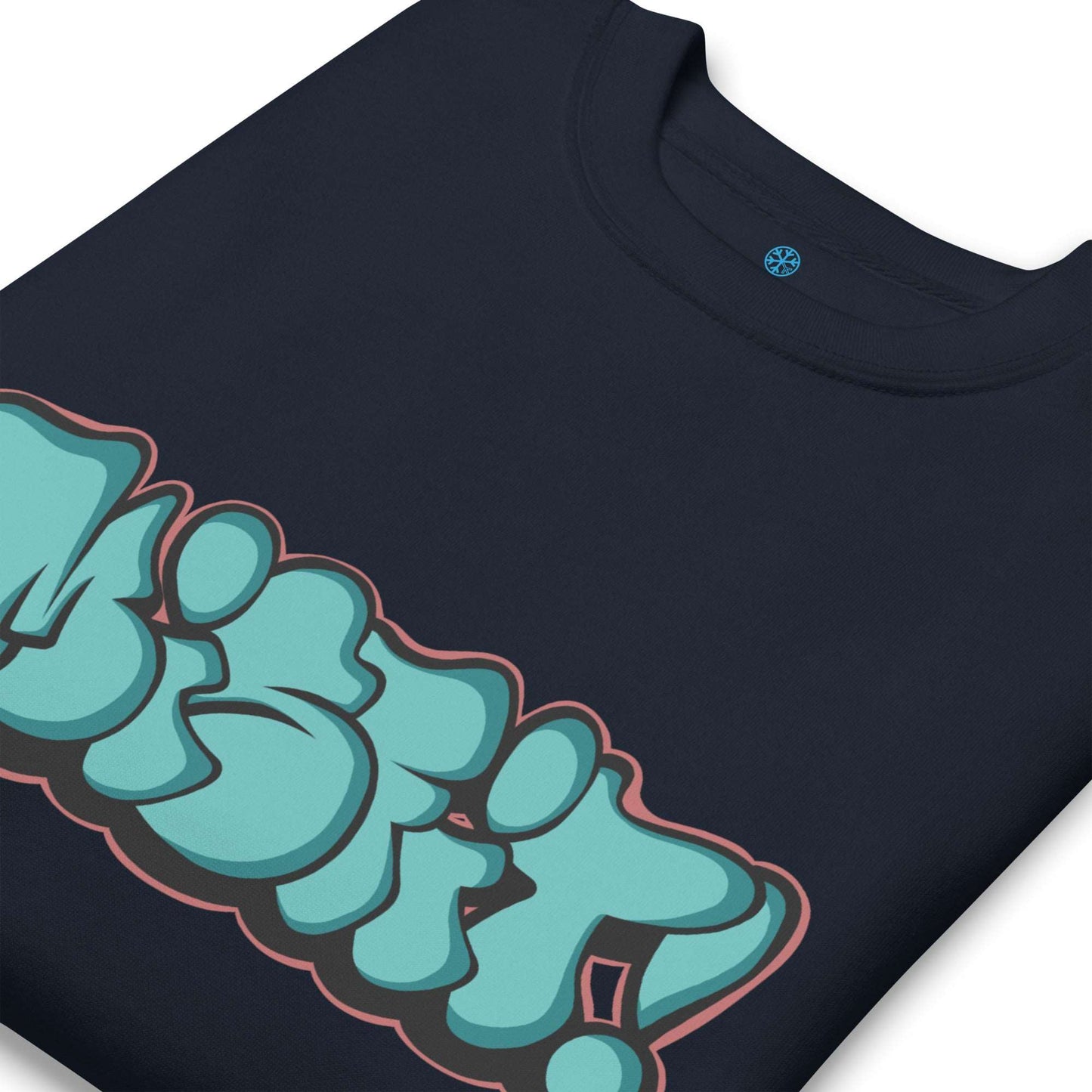 detail of Misfit throwie sweatshirt navy by B.Different Clothing street art graffiti inspired streetwear brand