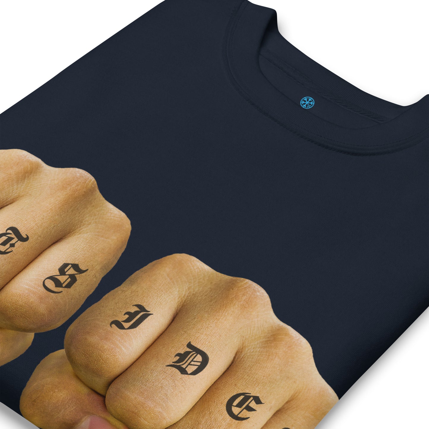 Navy-Outsider Tattoo Sweatshirt from B.Different Clothing, detail, graffiti-inspired streetwear