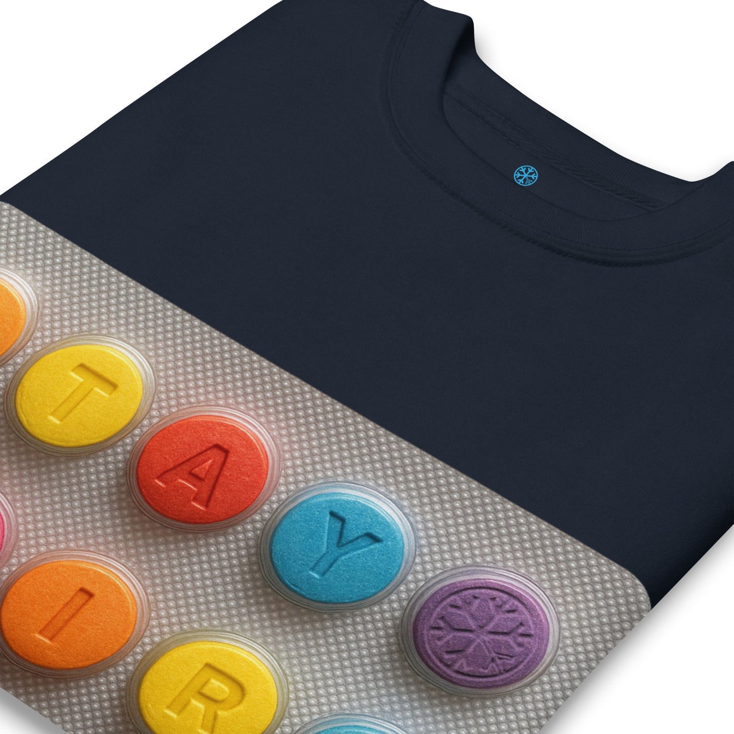 Navy-Stay Weird Pills Sweatshirt from B.Different Clothing, detail, graffiti-inspired streetwear