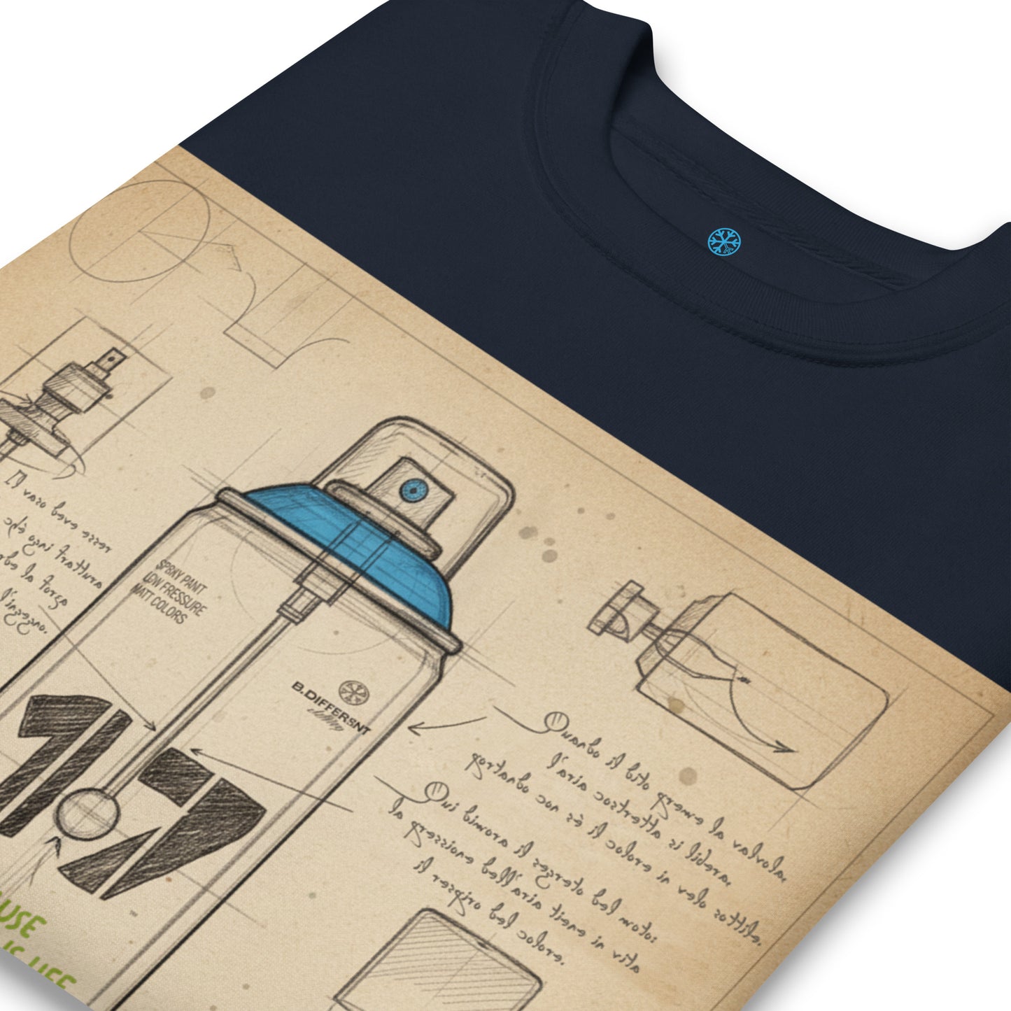 Navy-Spray Can Sketch Graffiti Sweatshirt from B.Different Clothing, detail, graffiti-inspired streetwear