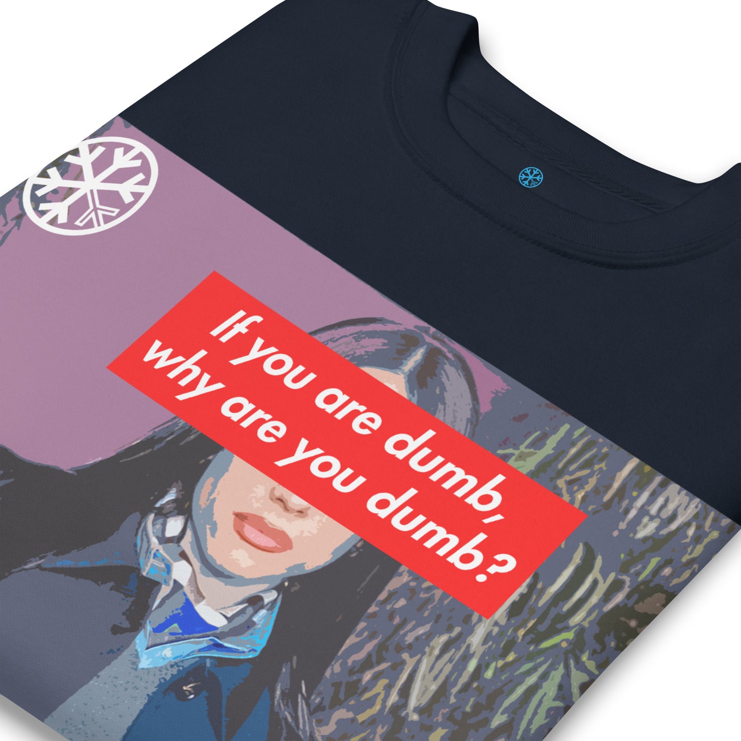 Navy-Why Are You Dumb Sweatshirt from B.Different Clothing, detail, graffiti-inspired streetwear