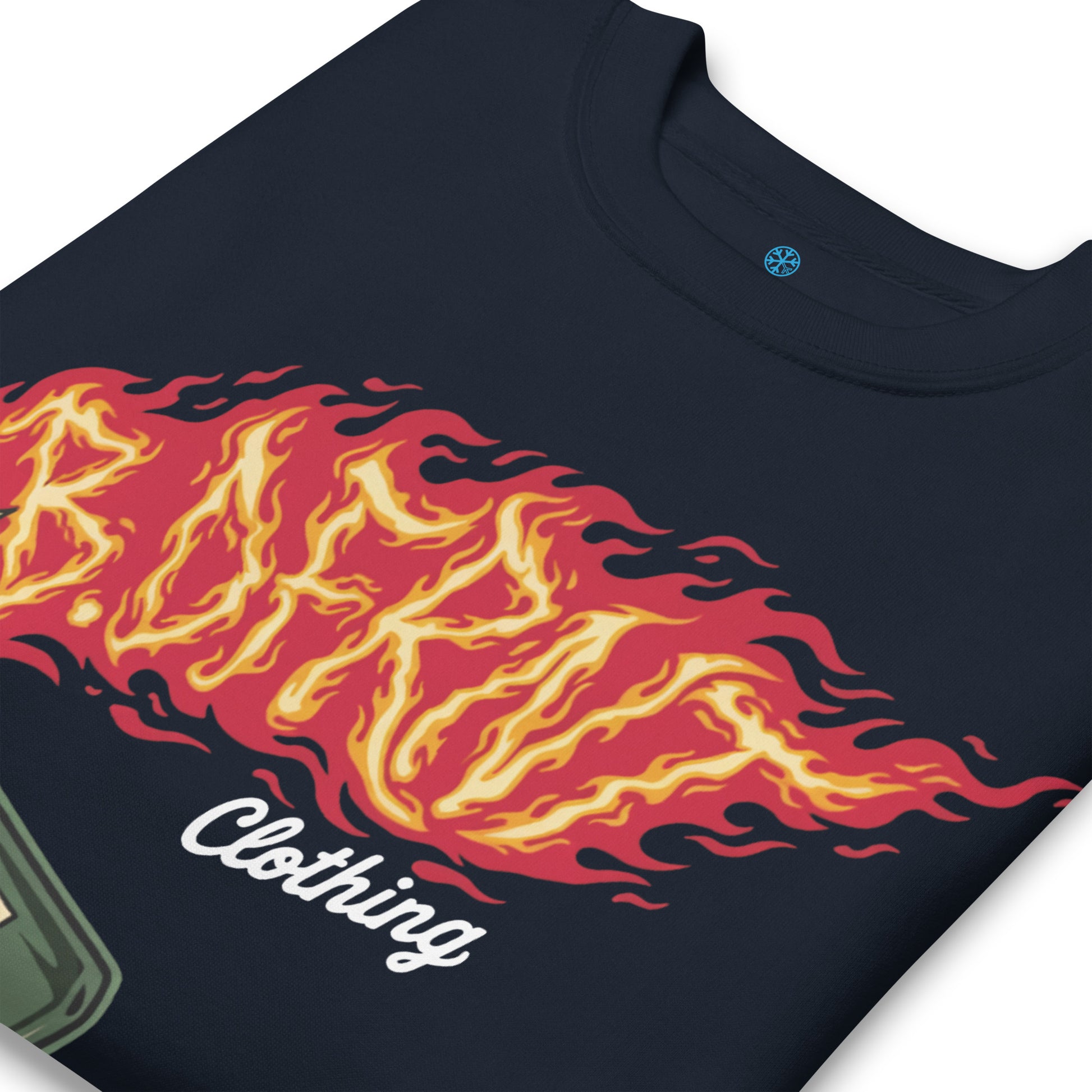 Navy-Molotov Graffiti Sweatshirt from B.Different Clothing, detail, graffiti-inspired streetwear