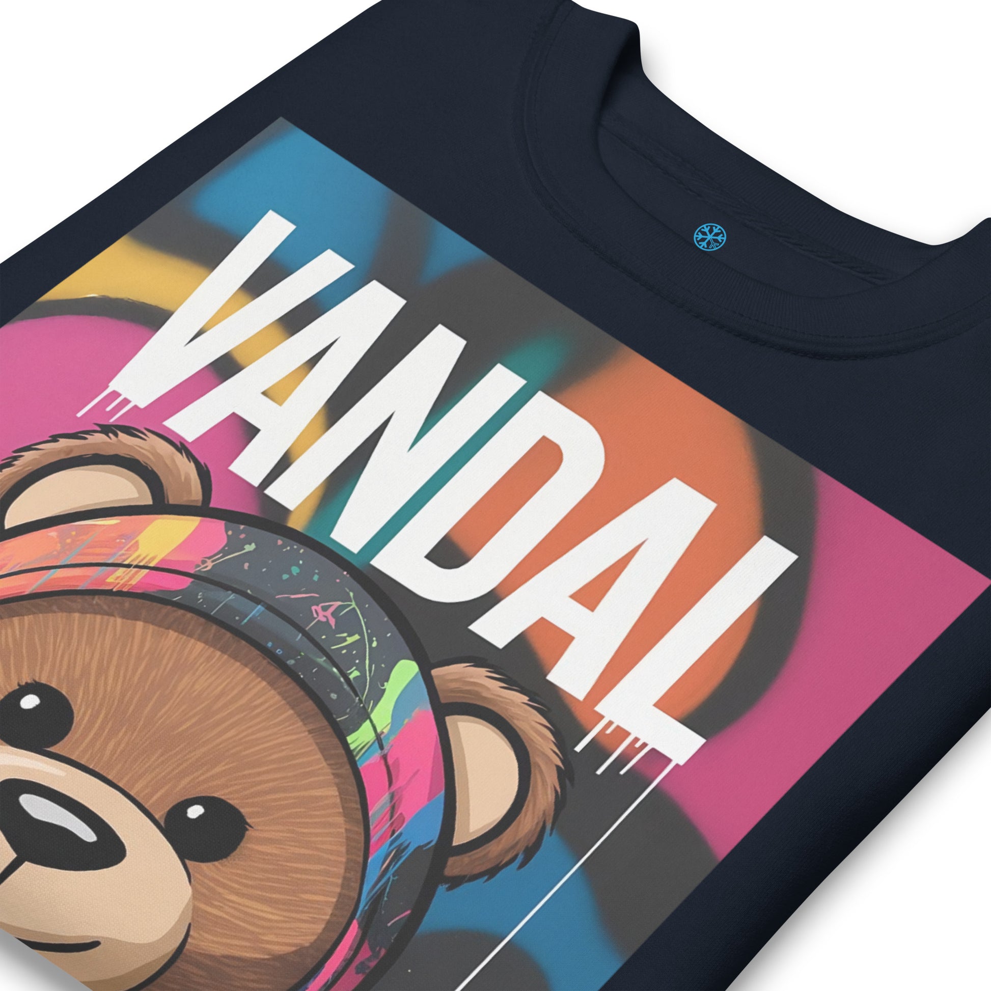 Navy-Vandal Teddy Bear Graffiti Sweatshirt from B.Different Clothing, detail, graffiti-inspired streetwear