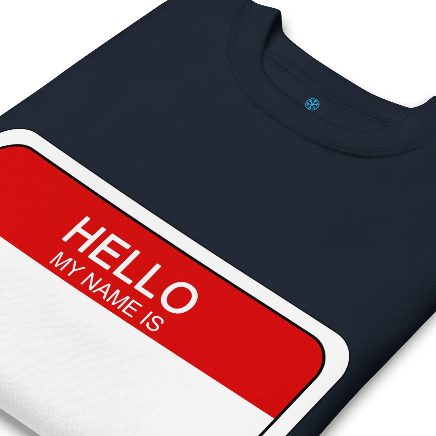 Navy-Hello My Name Is Sticker Graffiti Sweatshirt from B.Different Clothing, detail, graffiti-inspired streetwear