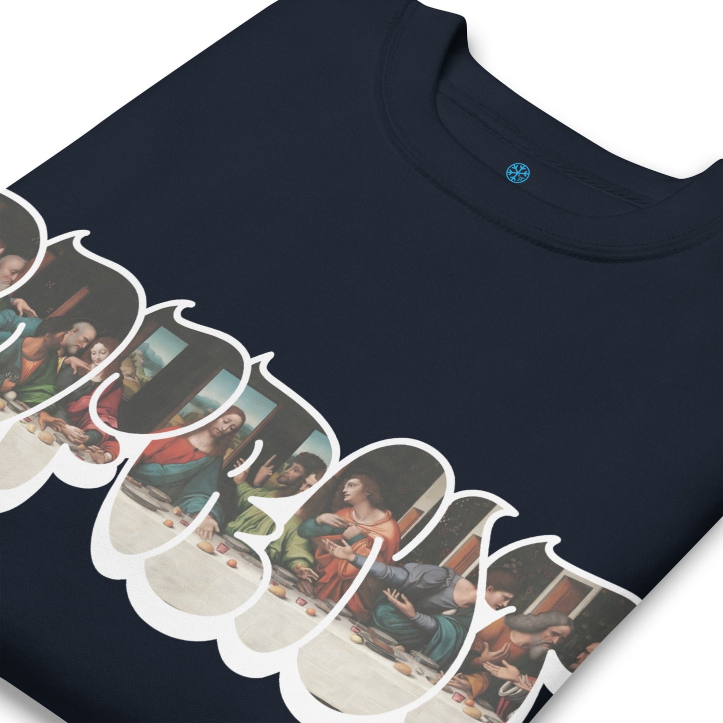 Navy-BDFRNT Throwie x Last Supper Graffiti Sweatshirt from B.Different Clothing, detail, graffiti-inspired streetwear