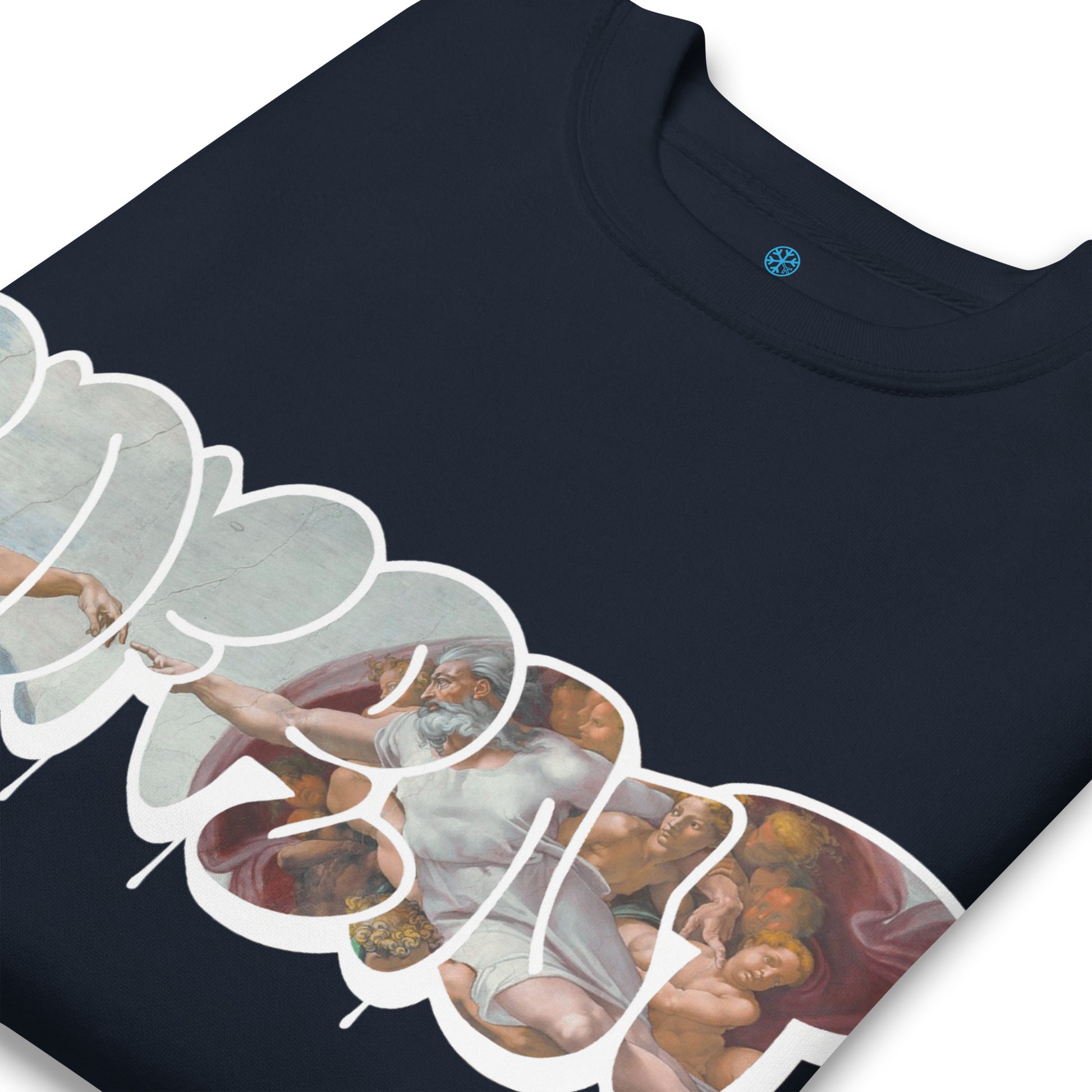 Navy-BDFRNT Throwie x Creation of Adam Graffiti Sweatshirt from B.Different Clothing, detail, graffiti-inspired streetwear