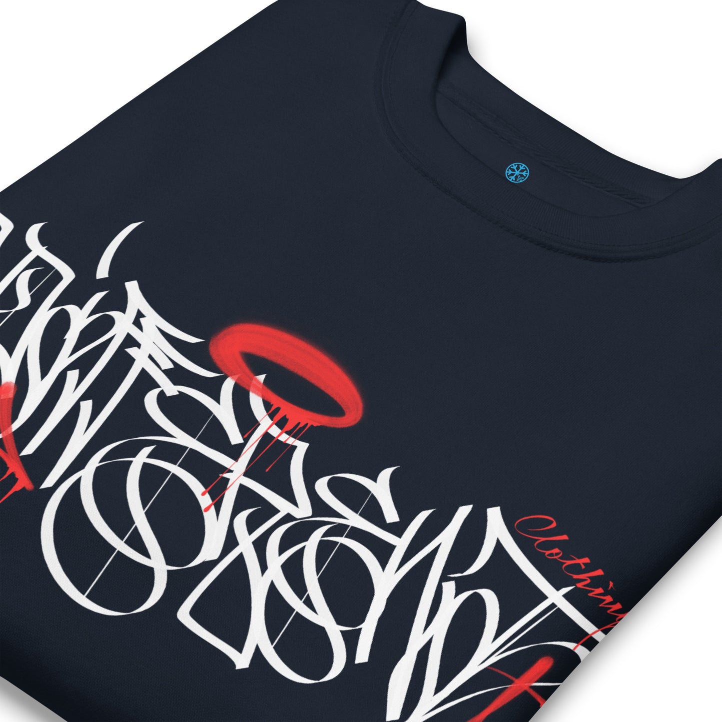 Navy-Caos One Collab Graffiti Sweatshirt from B.Different Clothing, detail, graffiti-inspired streetwear