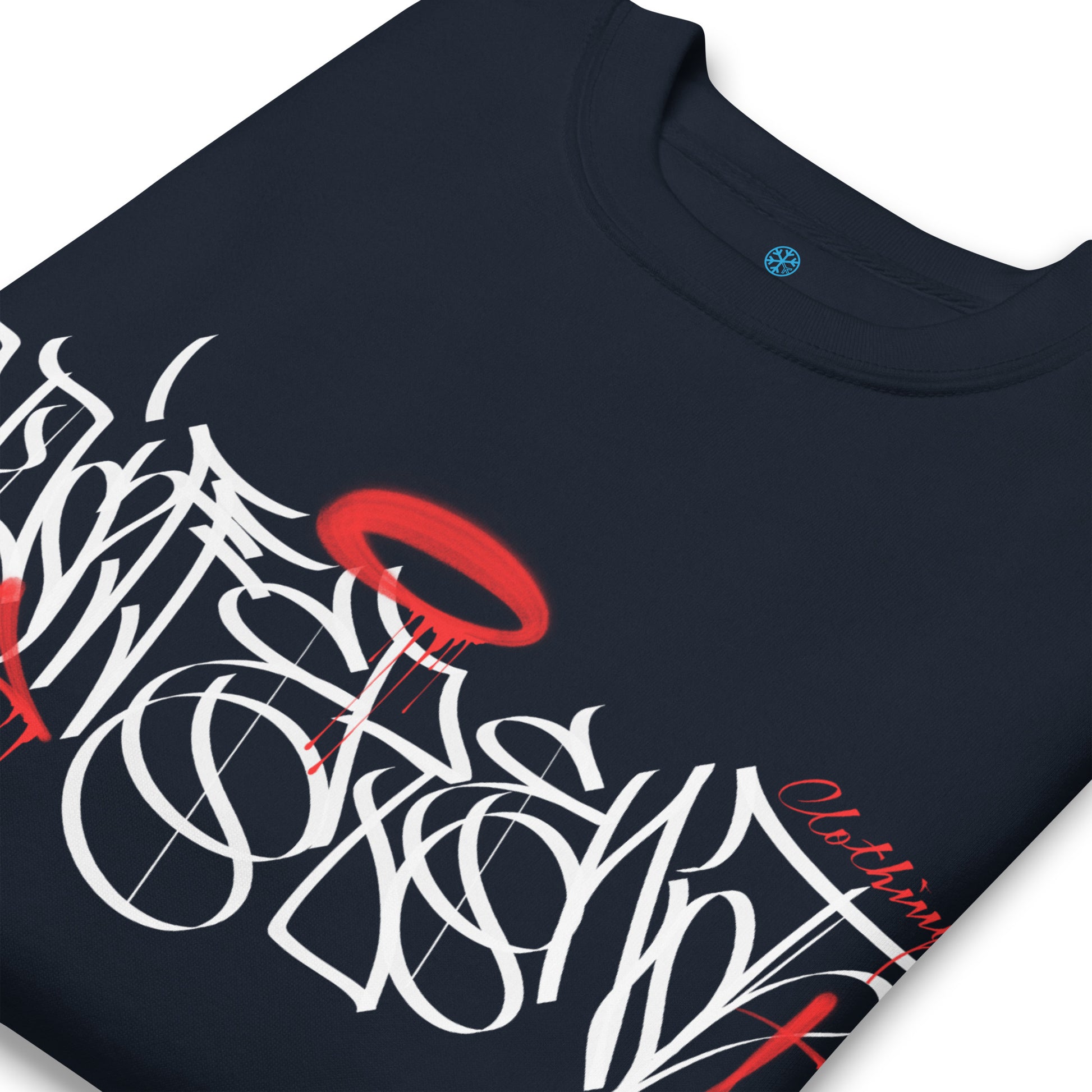 Navy-Caos One Collab Graffiti Sweatshirt from B.Different Clothing, detail, graffiti-inspired streetwear