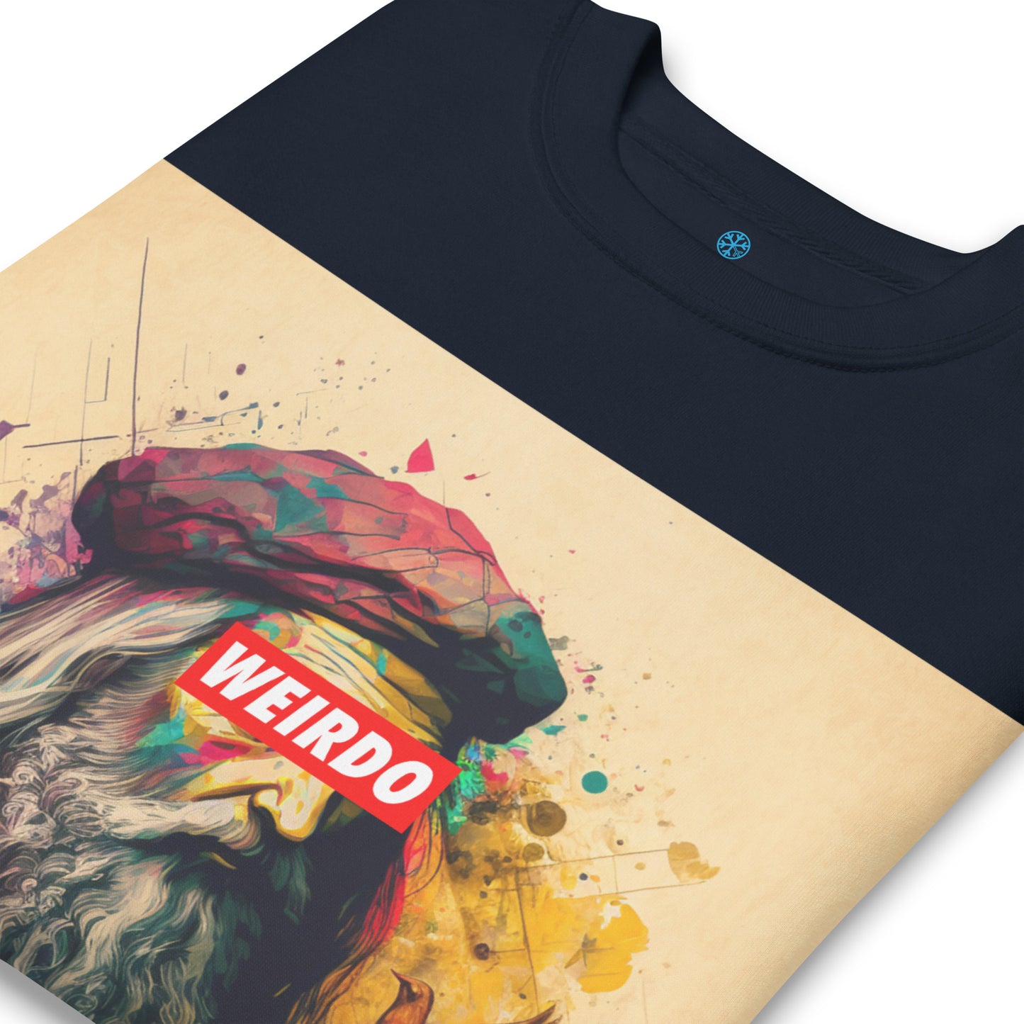 Navy-Leonardo da Vinci Sweatshirt from B.Different Clothing, detail, graffiti-inspired streetwear
