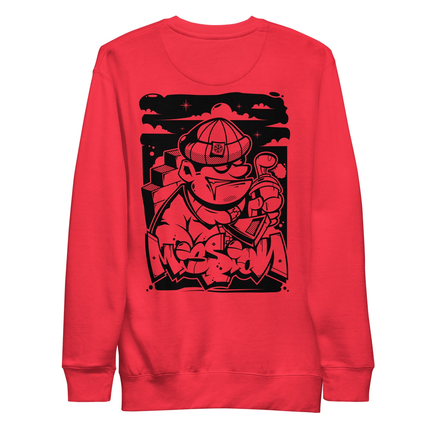 Red-Mission Graffiti Character Sweatshirt from B.Different Clothing, back view, graffiti-inspired streetwear