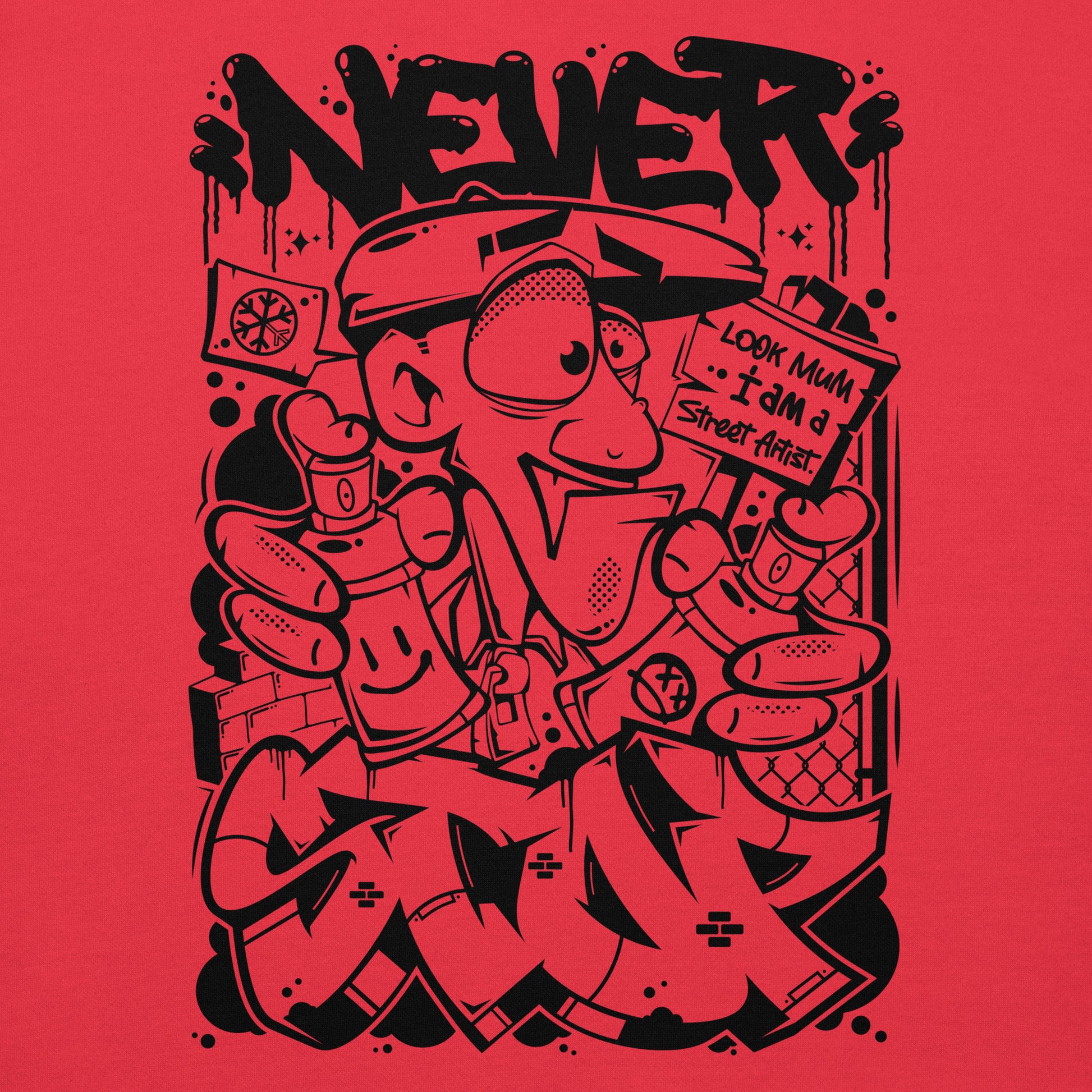 Red-Never Stop Graffiti Character Sweatshirt from B.Different Clothing, graphic, graffiti-inspired streetwear