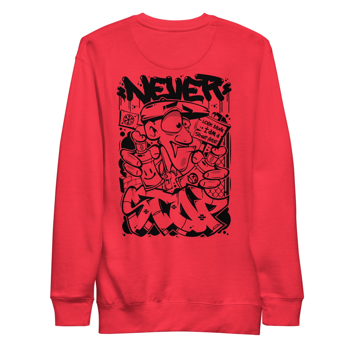 Red-Never Stop Graffiti Character Sweatshirt from B.Different Clothing, back view, graffiti-inspired streetwear