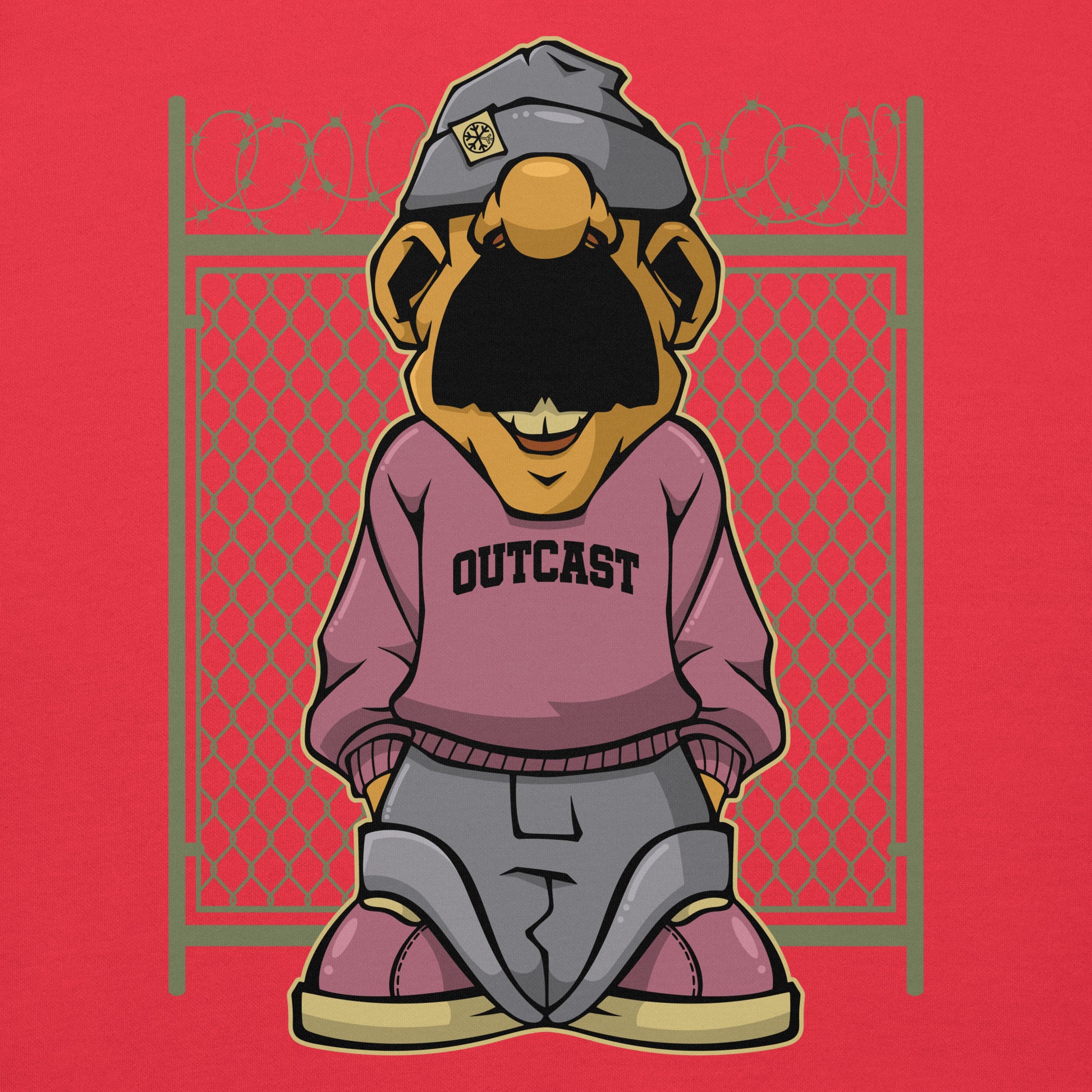 Red-Outcast Graffiti Character Sweatshirt from B.Different Clothing, graphic, graffiti-inspired streetwear