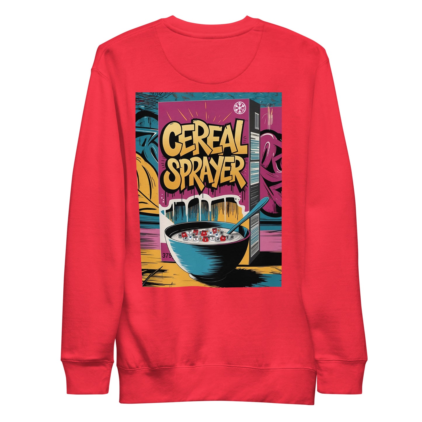 Red-Cereal Sprayer Graffiti Sweatshirt from B.Different Clothing, back view, graffiti-inspired streetwear