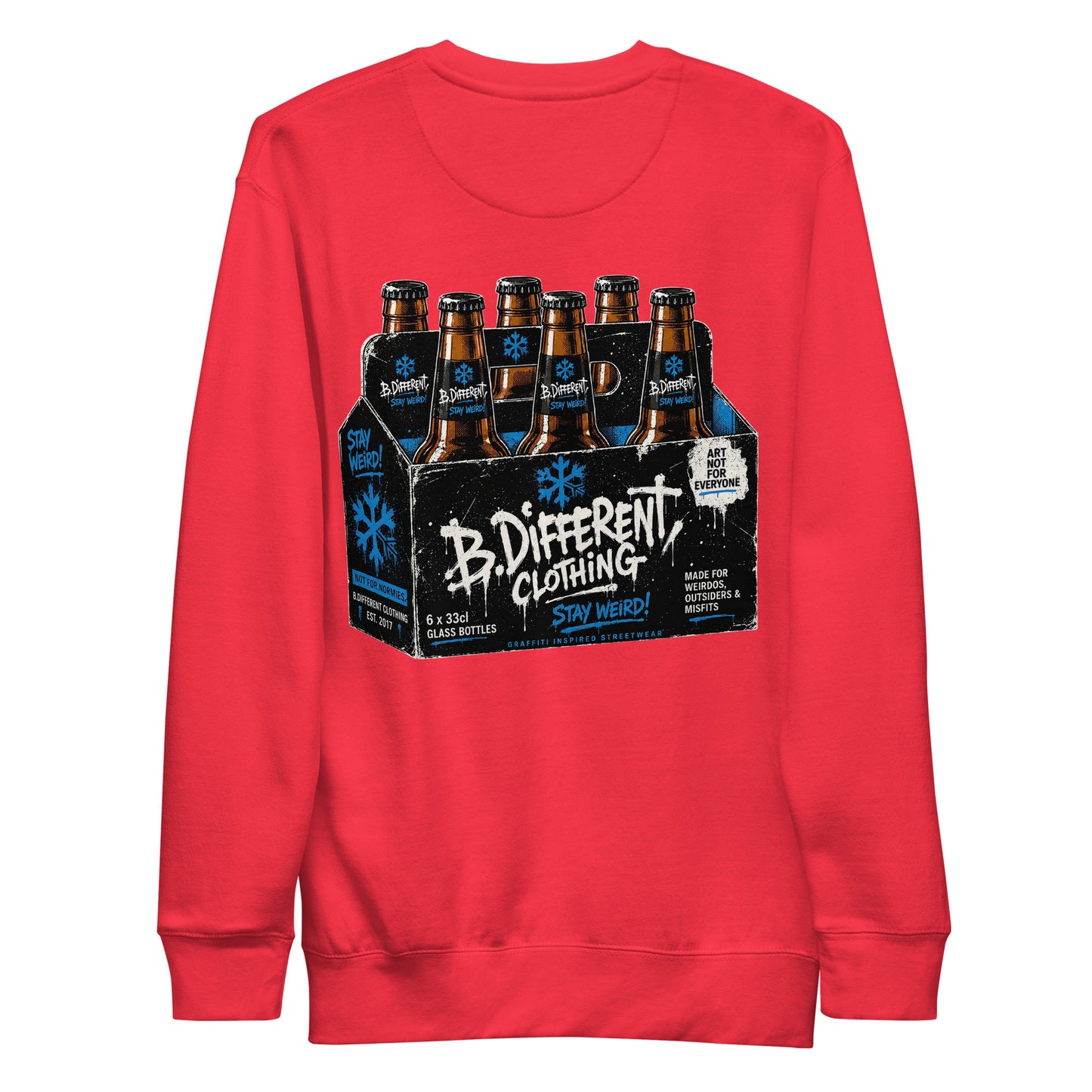 Red-Six Pack Beer Graffiti Sweatshirt from B.Different Clothing, back view, graffiti-inspired streetwear
