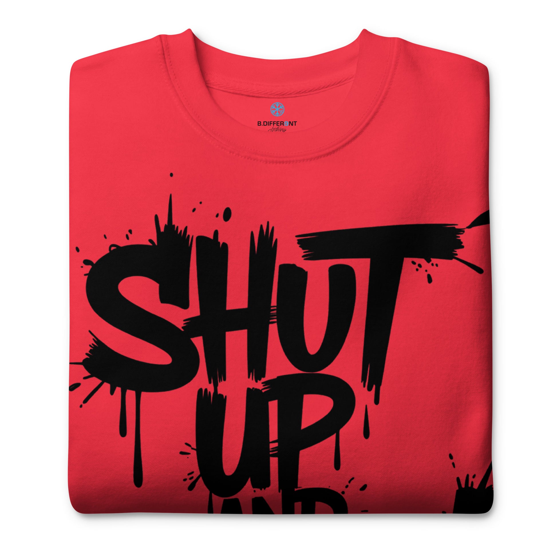 Red-Shut Up and Paint Graffiti Sweatshirt from B.Different Clothing, folded, graffiti-inspired streetwear