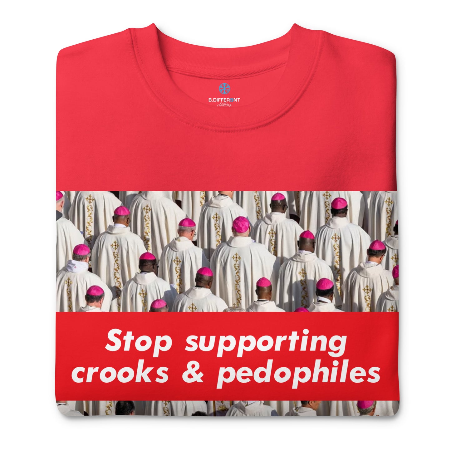 Red-Vatican Crooks Sweatshirt from B.Different Clothing, folded, graffiti-inspired streetwear