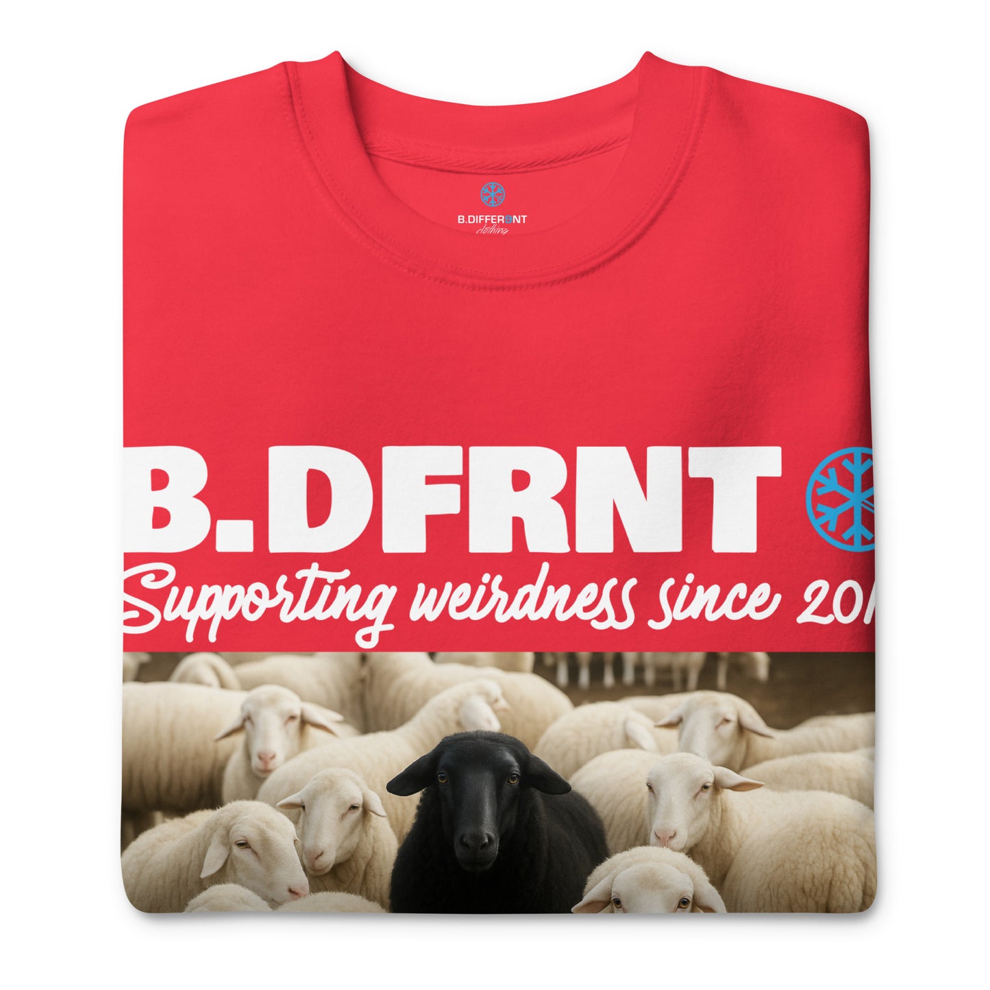 Red-Black Sheep Sweatshirt from B.Different Clothing, folded, graffiti-inspired streetwear