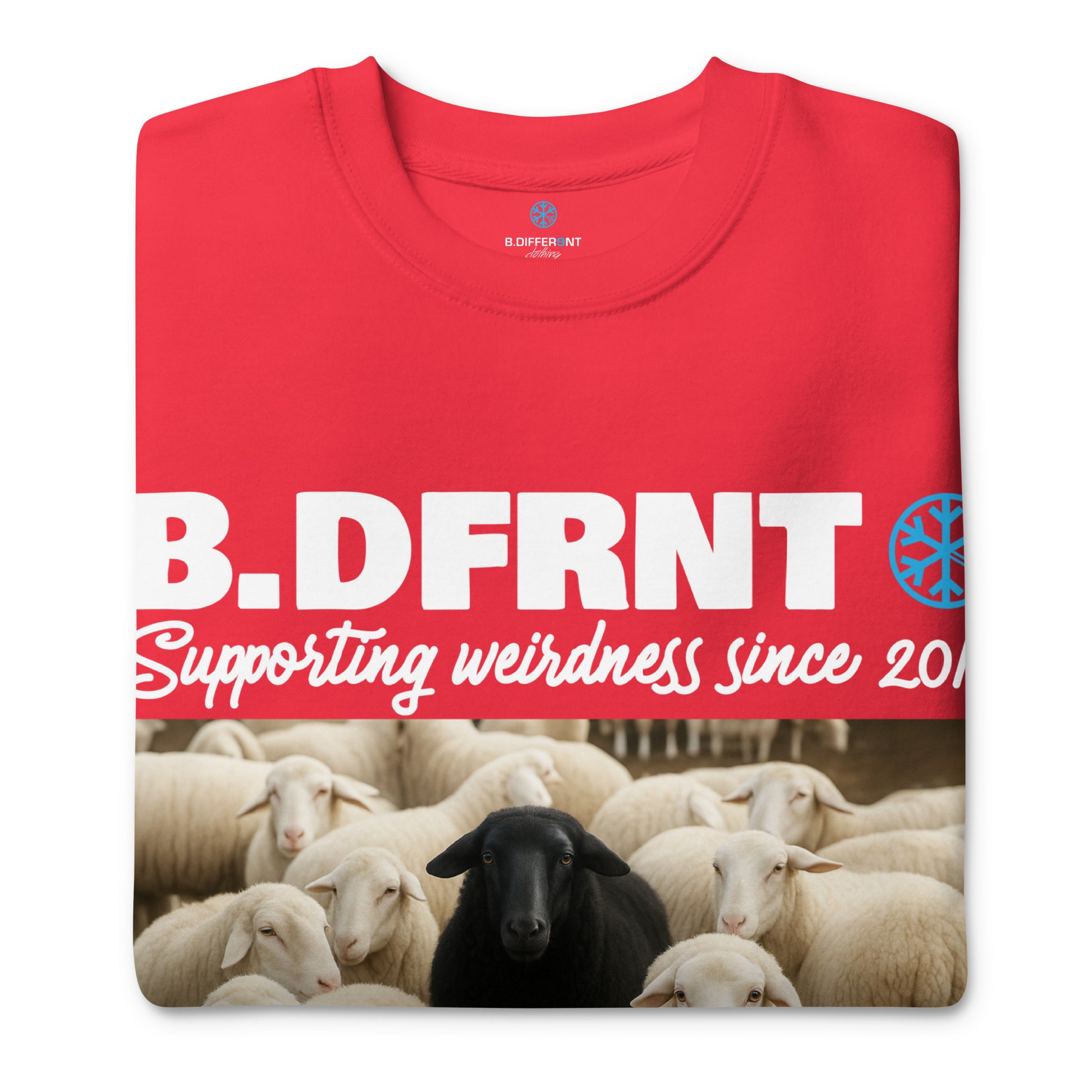 Red-Black Sheep Sweatshirt from B.Different Clothing, folded, graffiti-inspired streetwear
