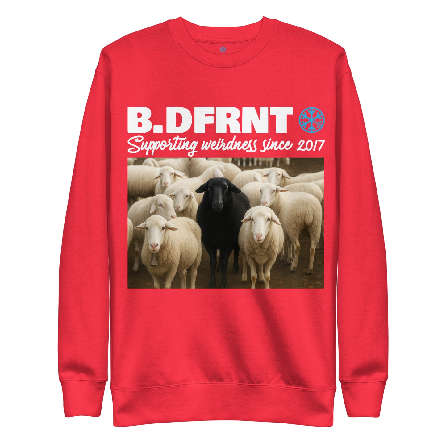 Red-Black Sheep Sweatshirt from B.Different Clothing, front view, graffiti-inspired streetwear
