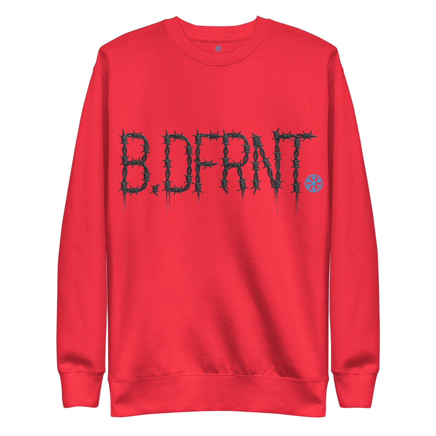 Red-B.DFRNT Barbed Wire Sweatshirt from B.Different Clothing, front view, graffiti-inspired streetwear