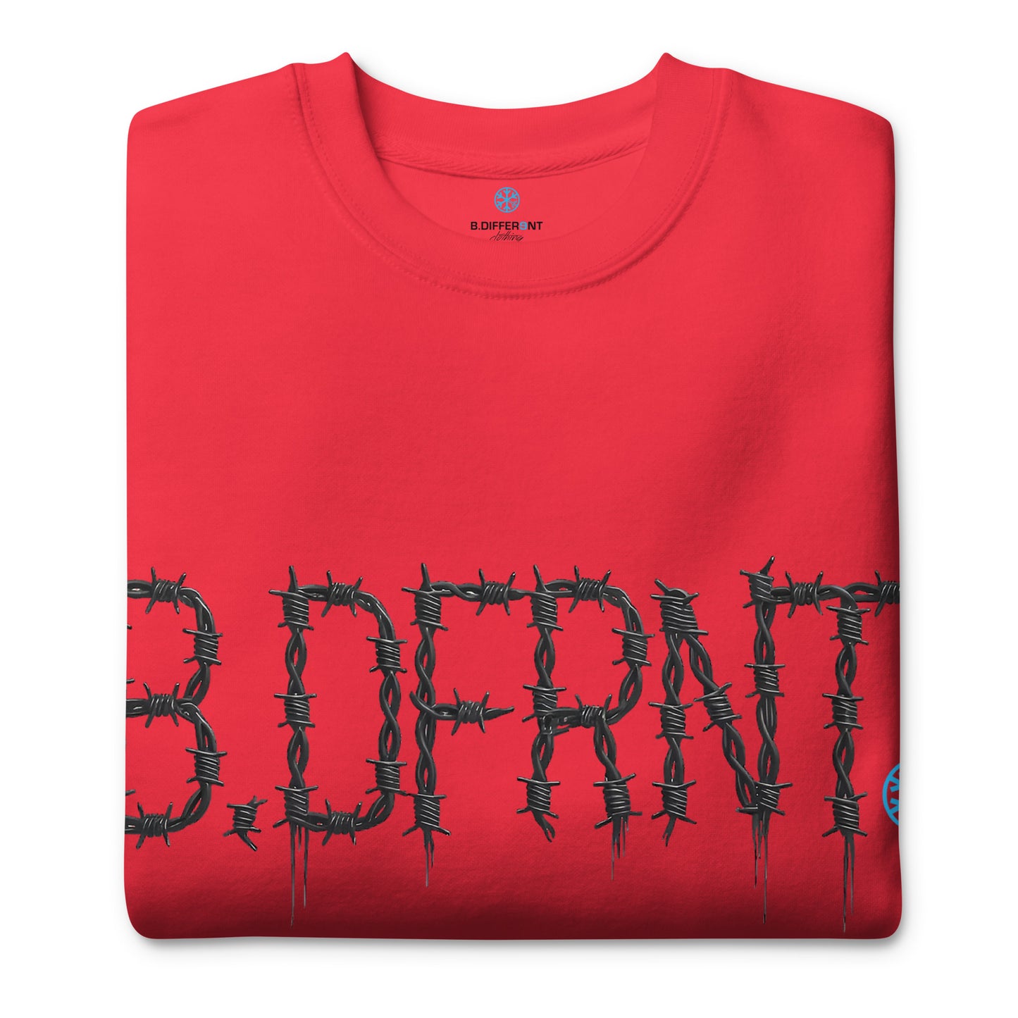 Red-B.DFRNT Barbed Wire Sweatshirt from B.Different Clothing, folded, graffiti-inspired streetwear