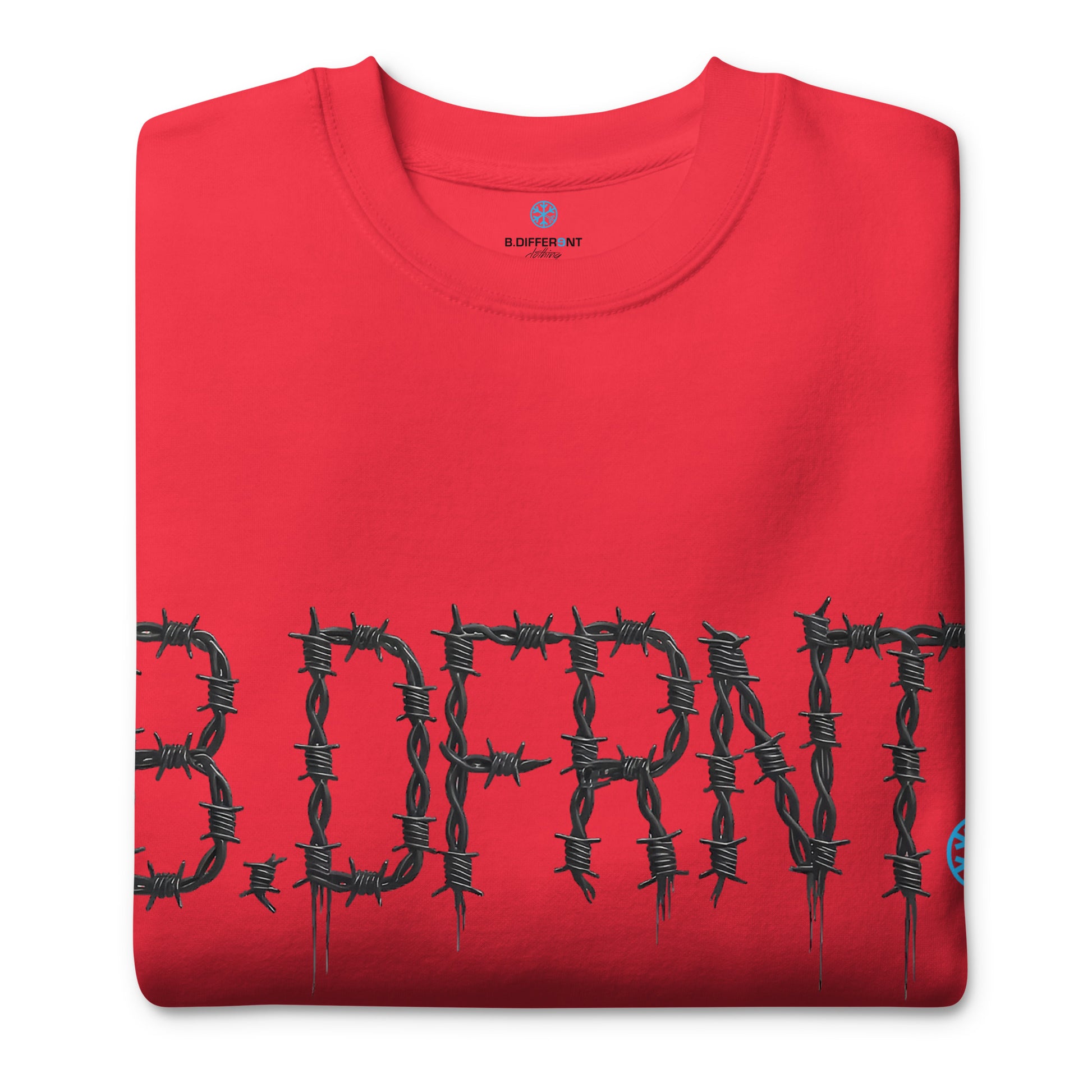 Red-B.DFRNT Barbed Wire Sweatshirt from B.Different Clothing, folded, graffiti-inspired streetwear