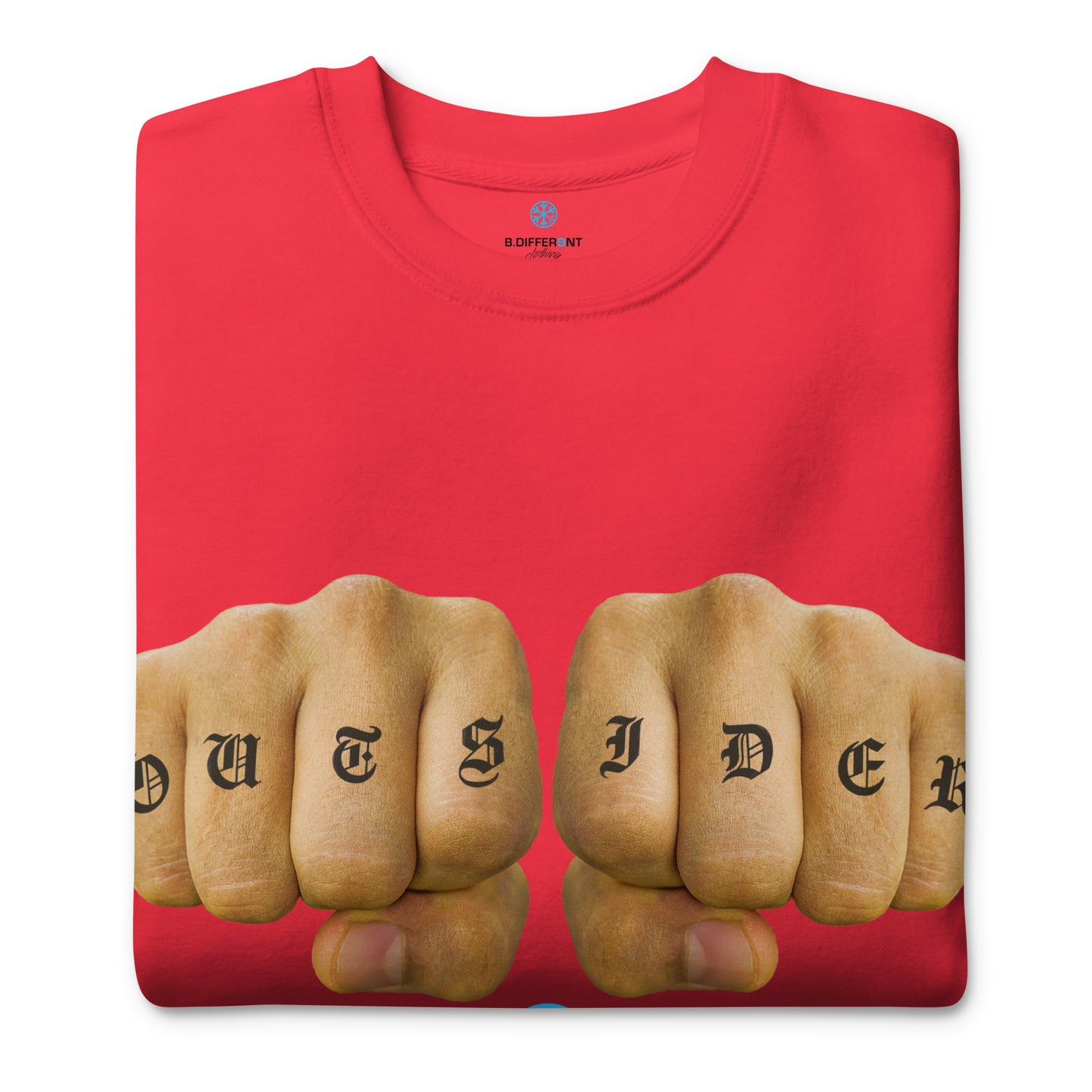 Red-Outsider Tattoo Sweatshirt from B.Different Clothing, folded, graffiti-inspired streetwear