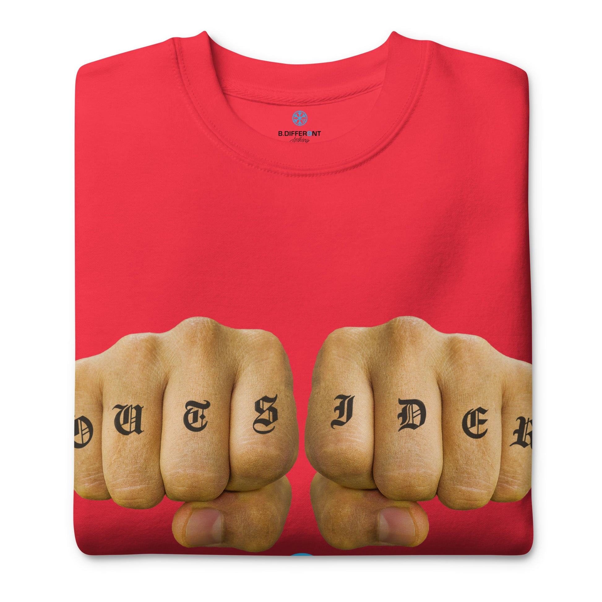 Red-Outsider Tattoo Sweatshirt from B.Different Clothing, folded, graffiti-inspired streetwear
