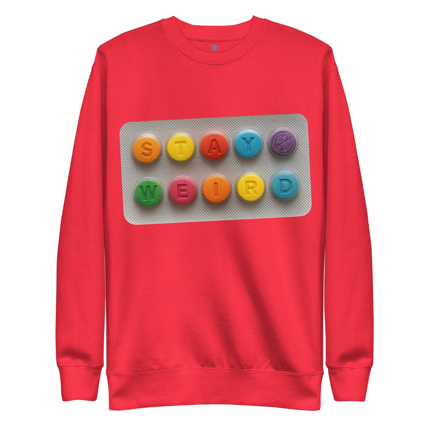Red-Stay Weird Pills Sweatshirt from B.Different Clothing, front view, graffiti-inspired streetwear