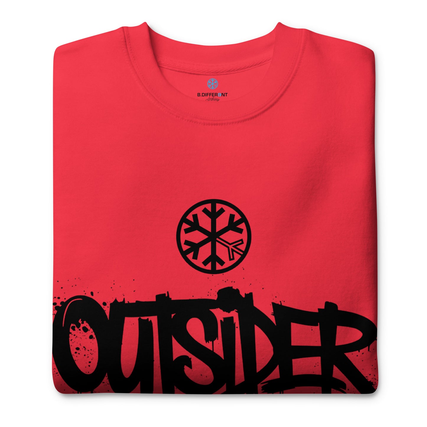 Red-Outsider Graffiti Tag Sweatshirt from B.Different Clothing, folded, graffiti-inspired streetwear