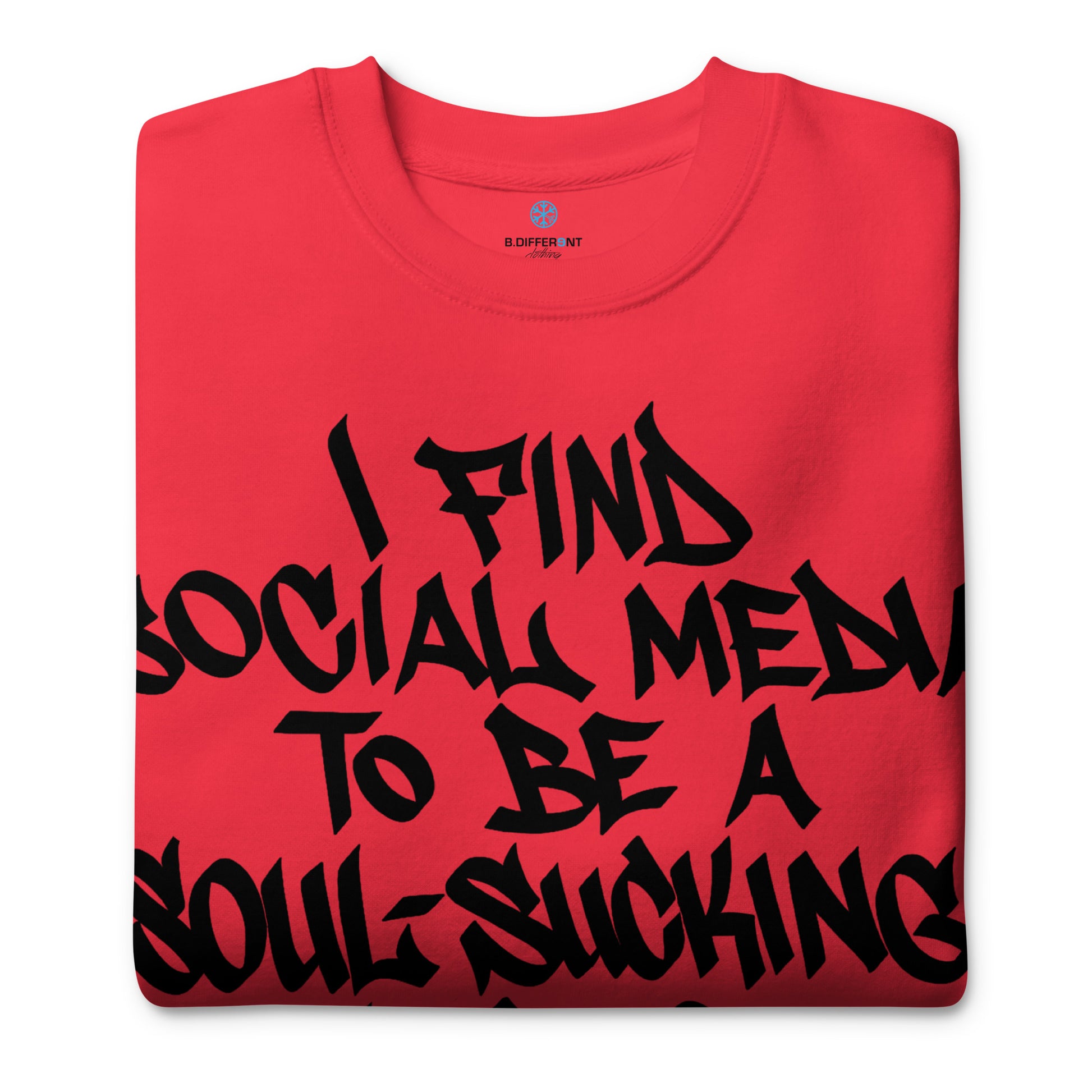 Red-Social Media Graffiti Tag Sweatshirt from B.Different Clothing, folded, graffiti-inspired streetwear