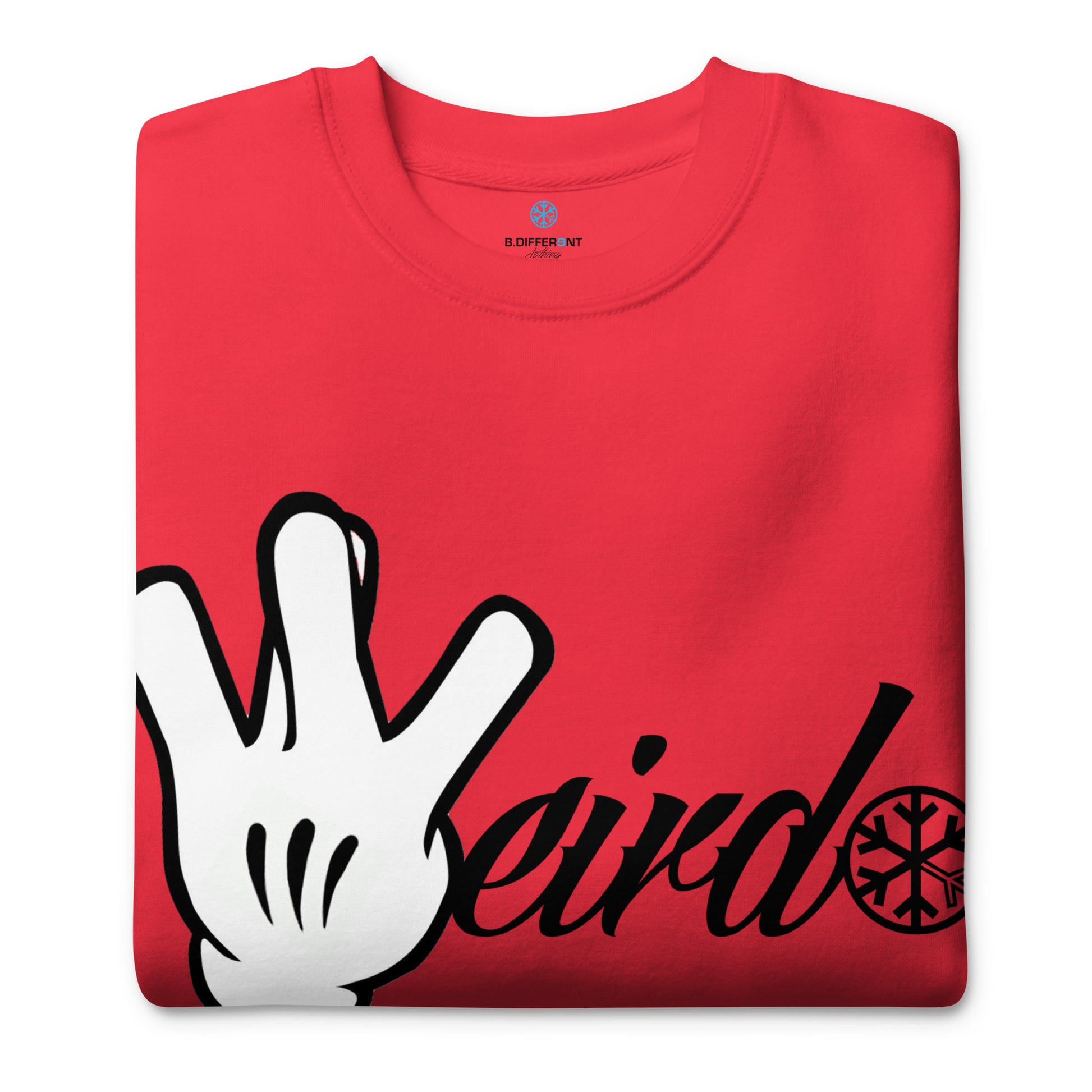 Red-Weirdo Hand Sign Sweatshirt from B.Different Clothing, folded, graffiti-inspired streetwear