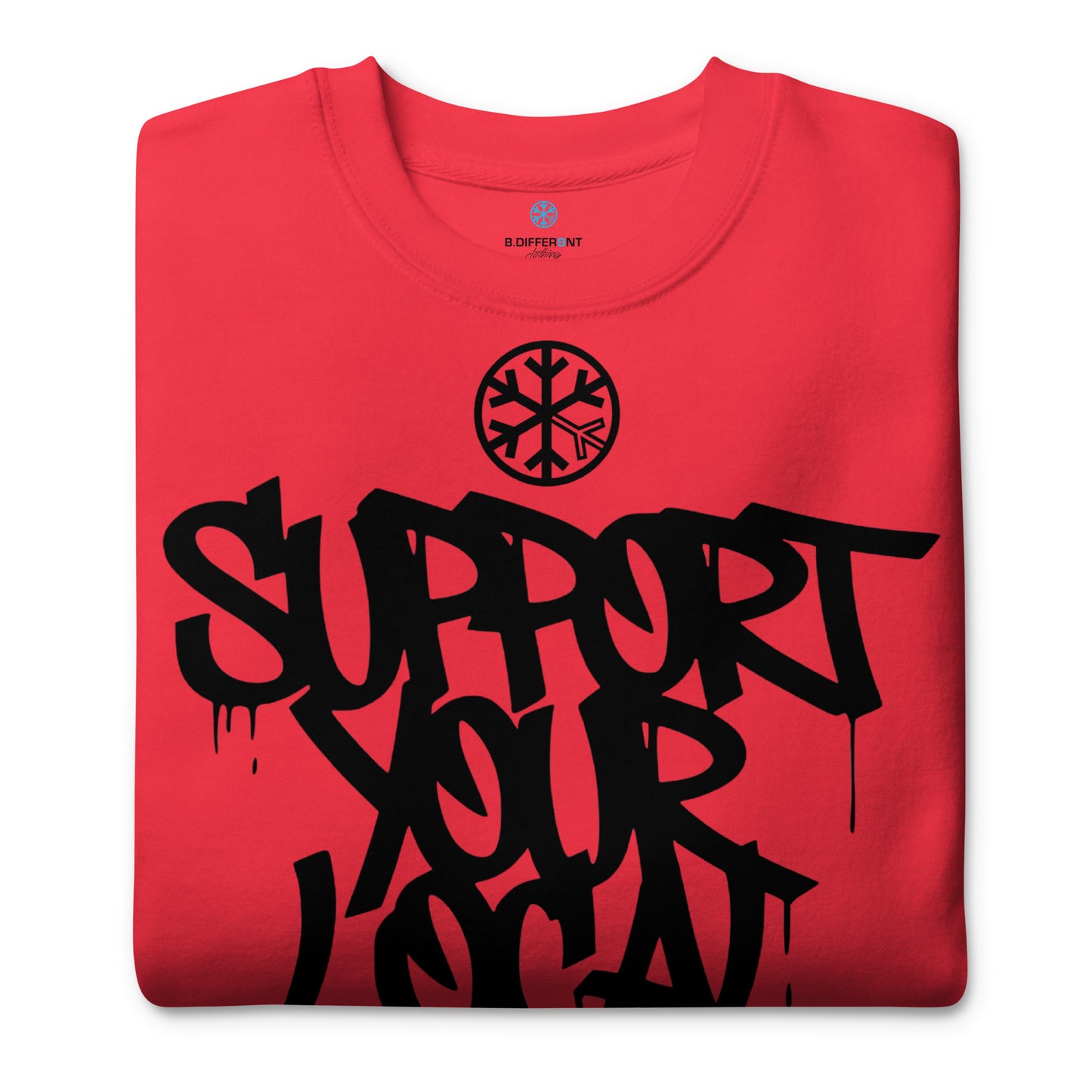 Red-Support Your Local Graffiti Artists Sweatshirt from B.Different Clothing, folded, graffiti-inspired streetwear